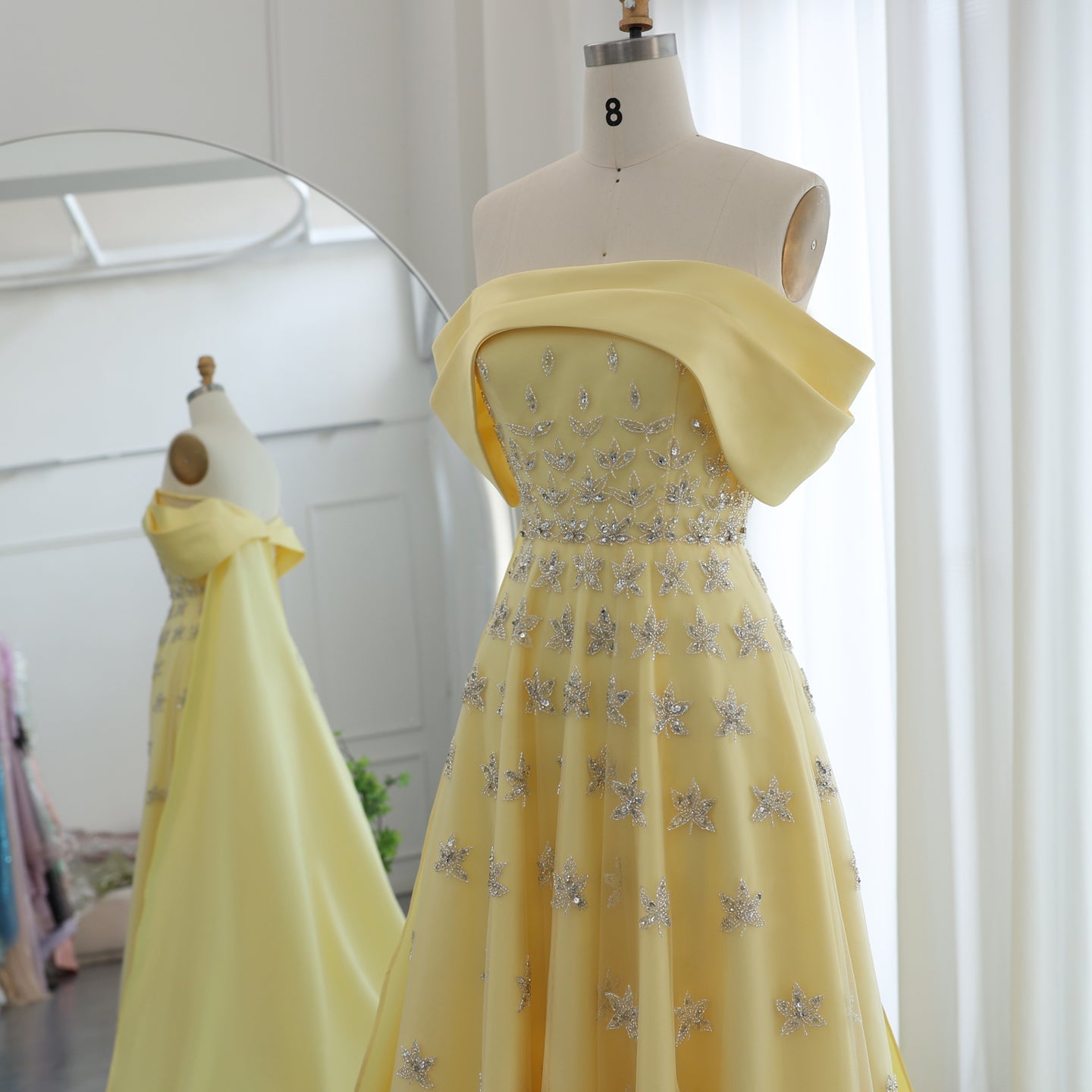Luxury Yellow Off Shoulder Evening Dress with Cape Train SS455