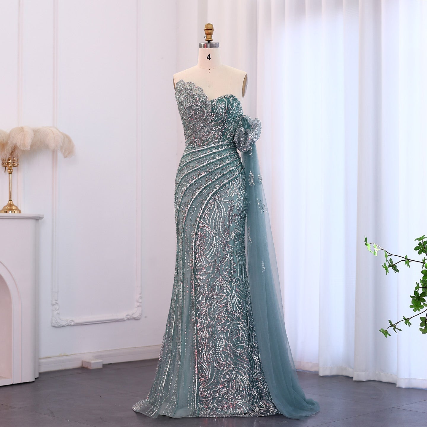 Luxury Beaded Scalloped Turquoise Evening Dress SS021  Sage Green / US 18
