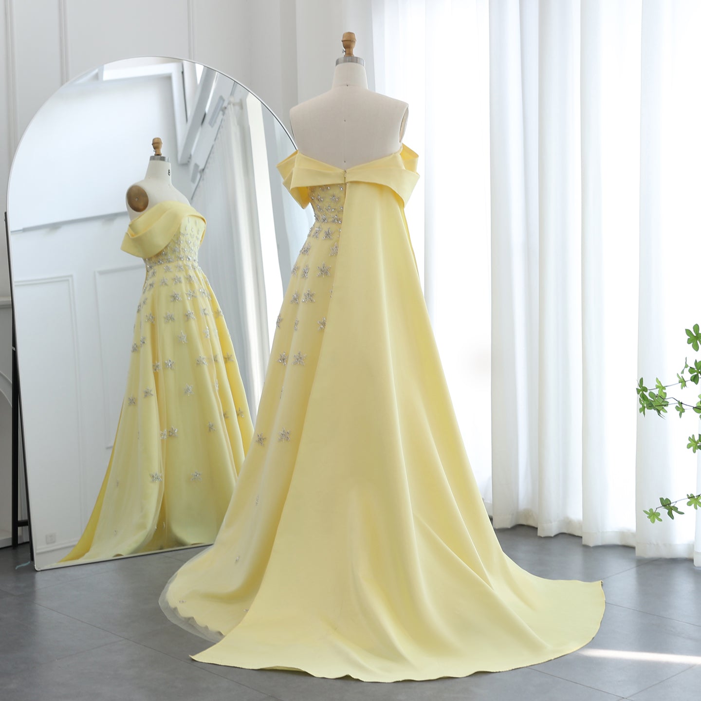 Luxury Yellow Off Shoulder Evening Dress with Cape Train SS455