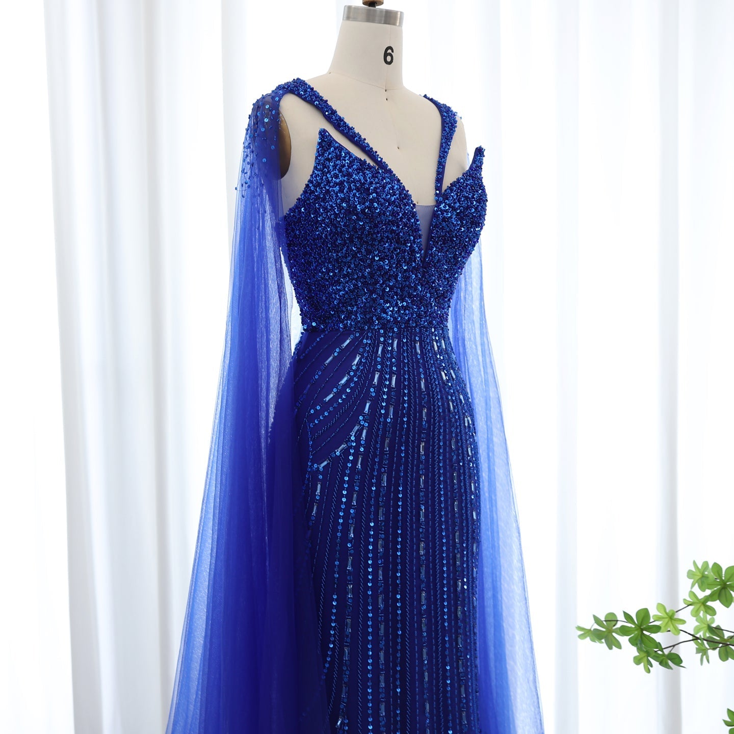 Luxury Royal Blue Evening Dress with Cape Sleeve SS176