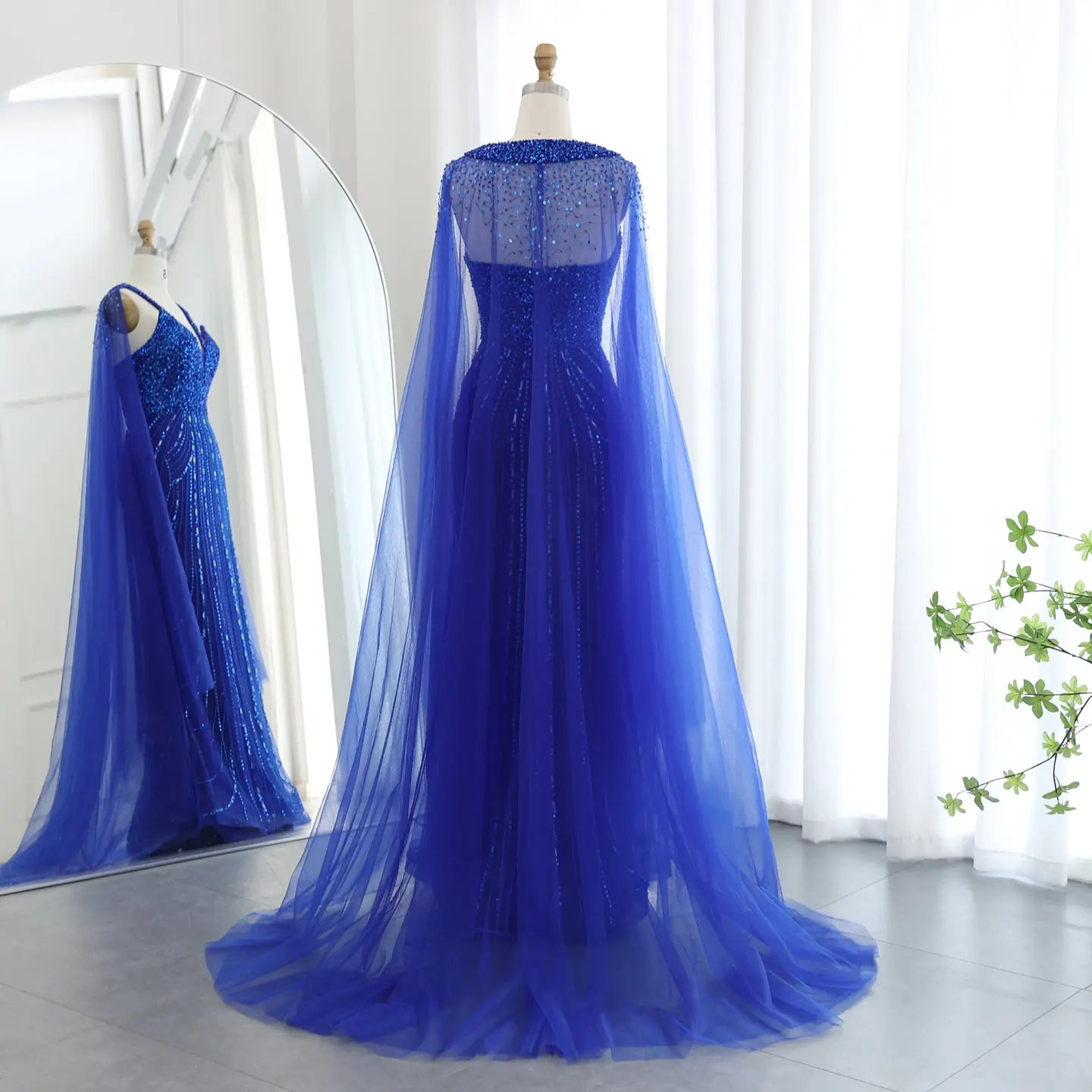 Luxury Royal Blue Evening Dress with Cape Sleeve SS176 Sharon Said