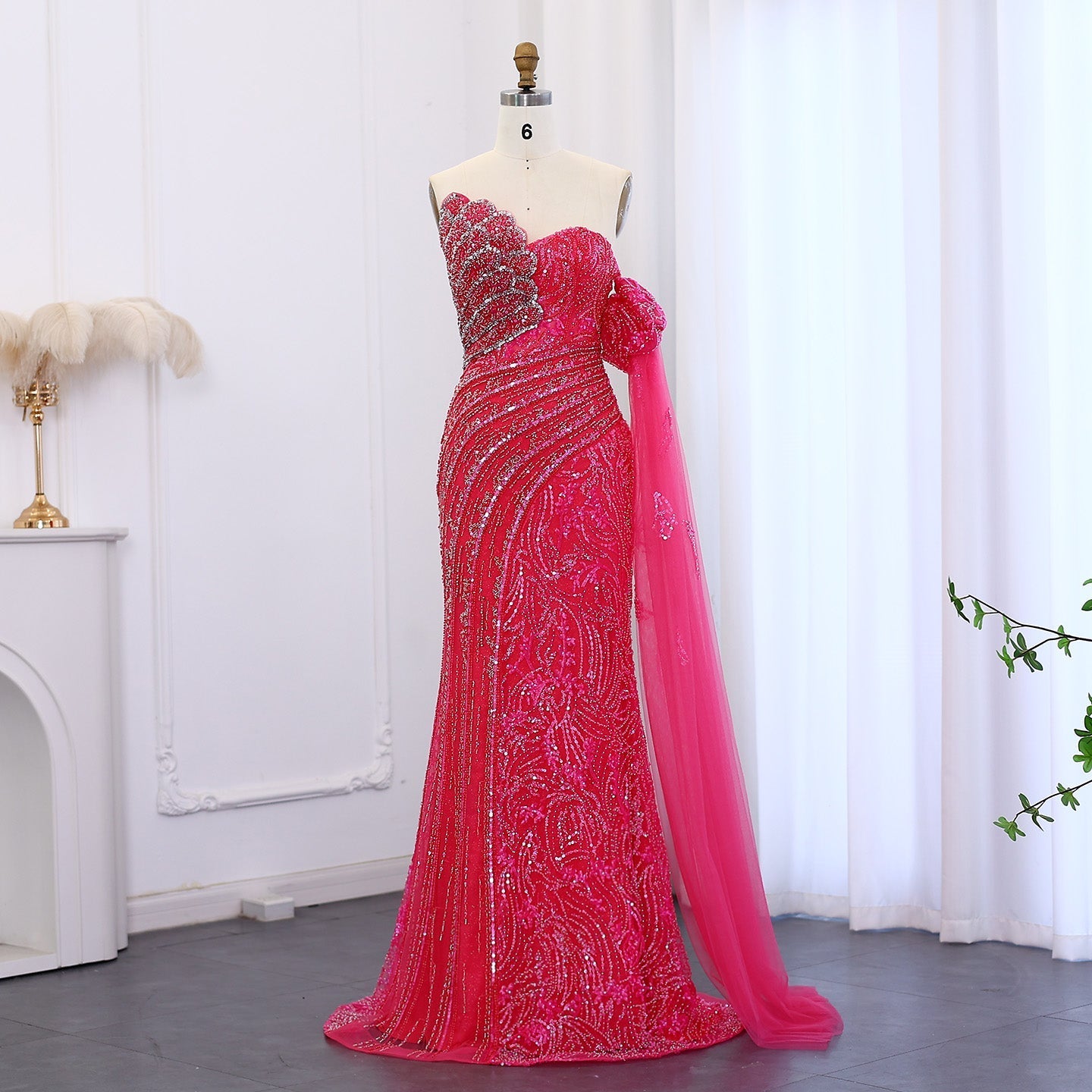 Luxury Beaded Scalloped Turquoise Evening Dress SS021  Fuchsia / US 18