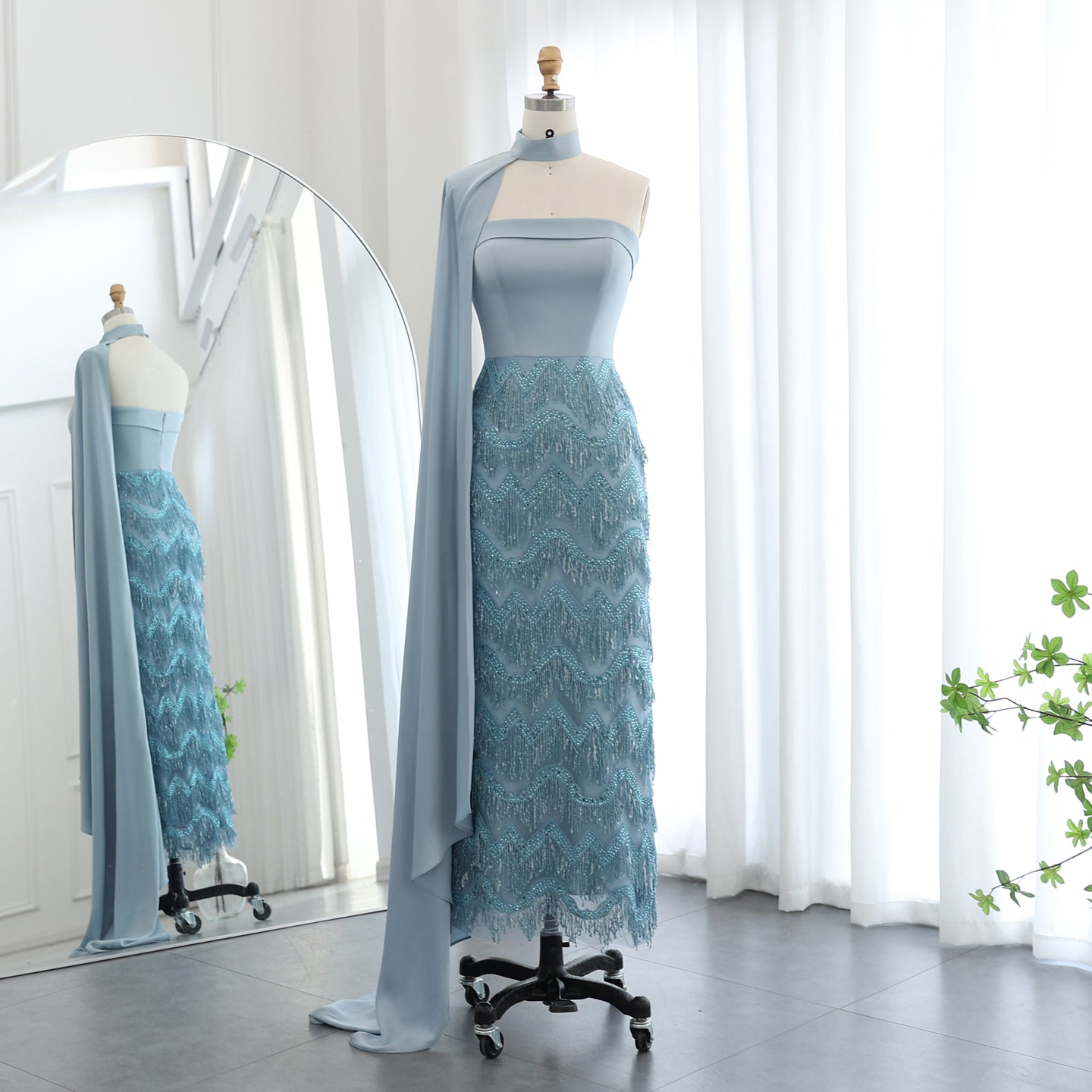 Blue Tassel Strapless Evening Dress with Cape Sleeve SS143  Blue / US 18