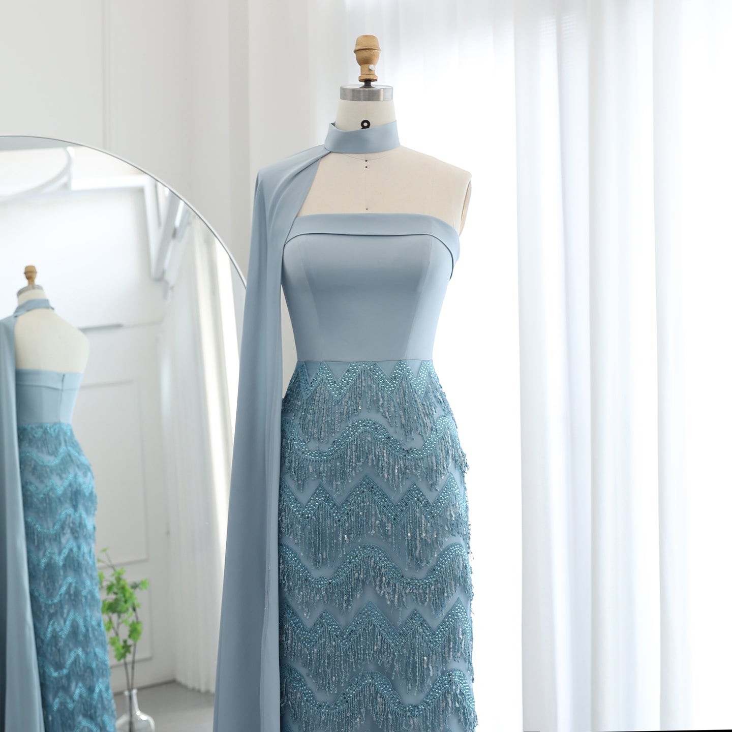 Blue Tassel Strapless Evening Dress with Cape Sleeve SS143