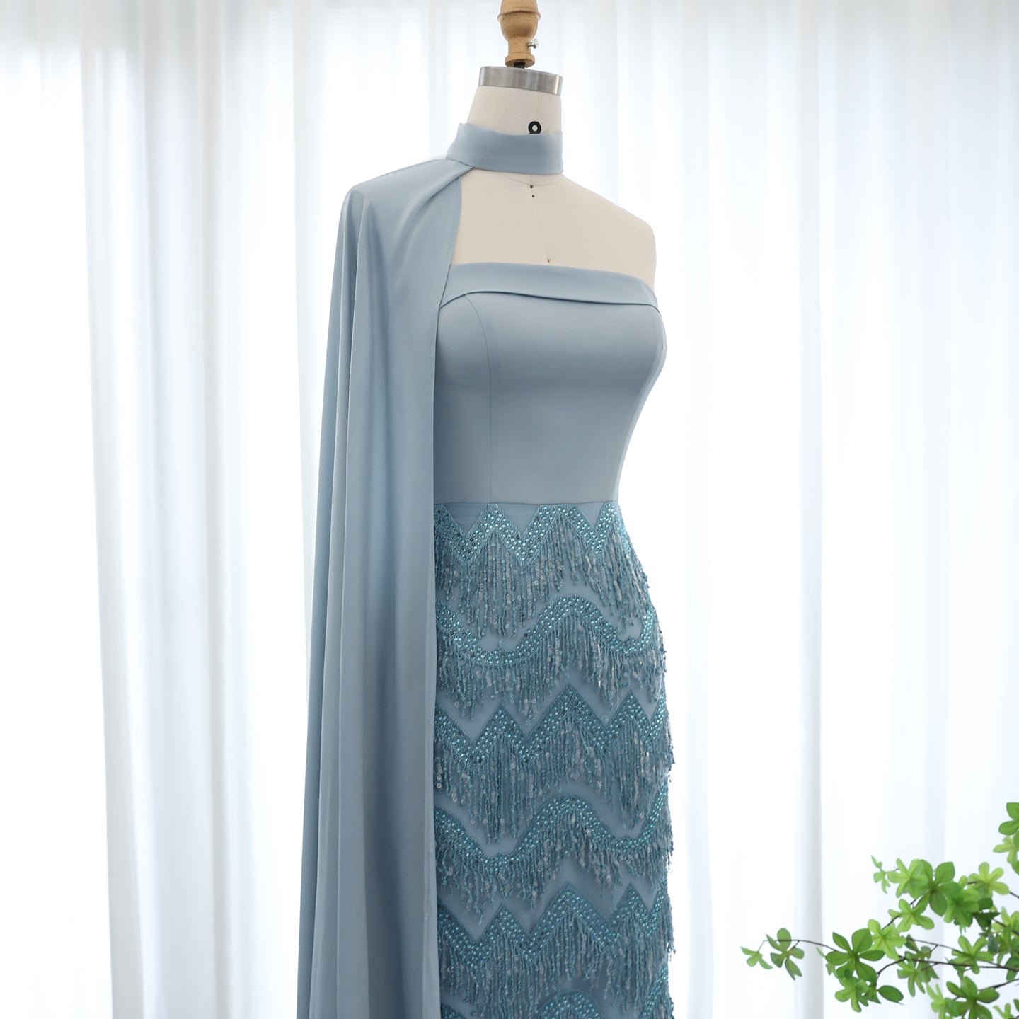 Blue Tassel Strapless Evening Dress with Cape Sleeve SS143