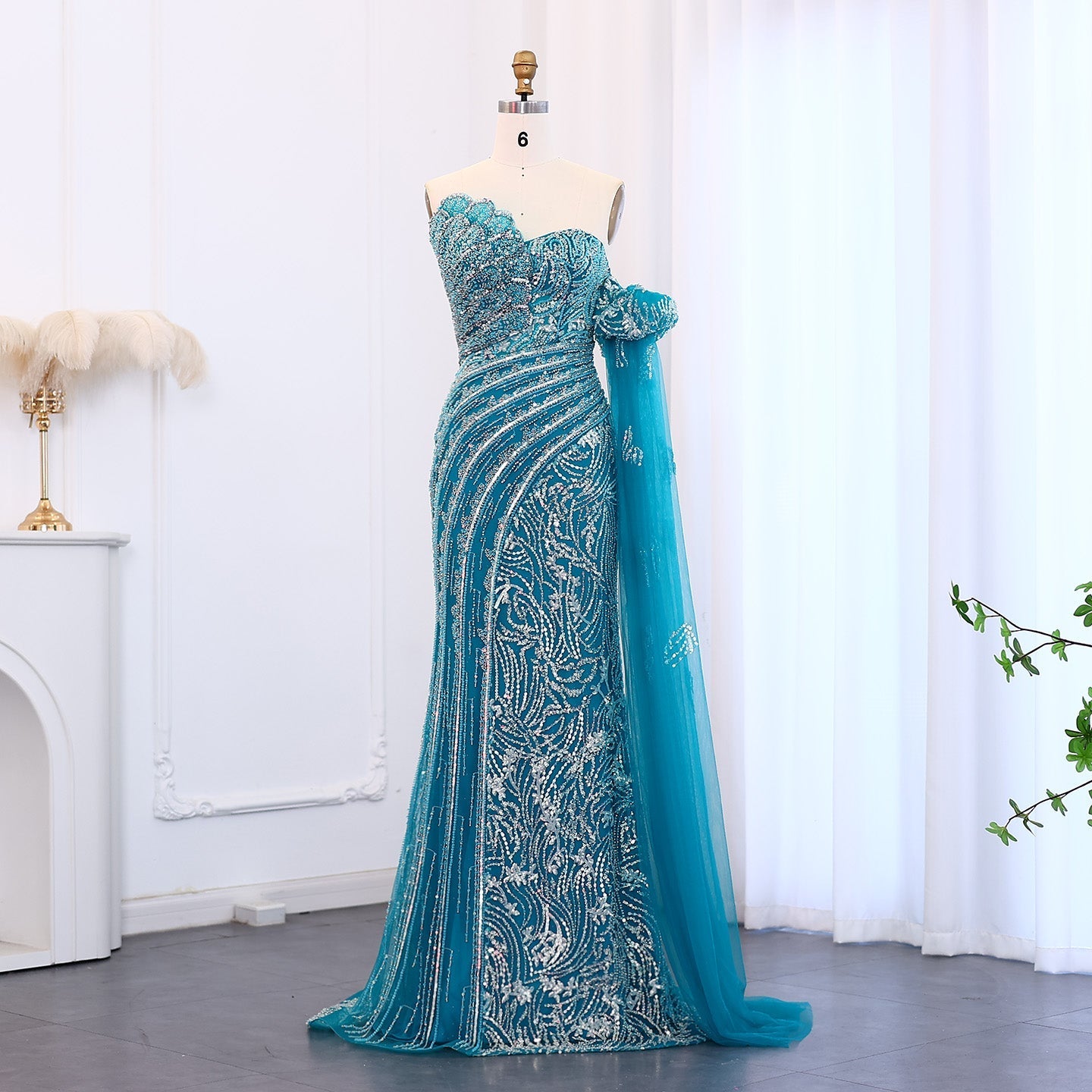 Luxury Beaded Scalloped Turquoise Evening Dress SS021  Turquoise / US 18
