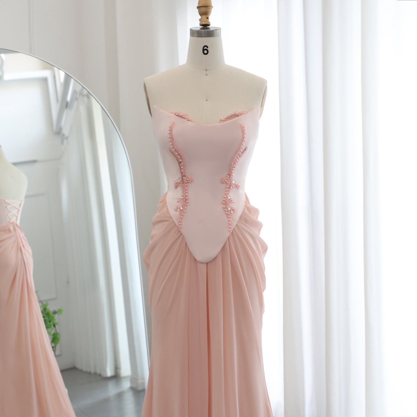 Pink Handmade Draped Strapless Chiffon Mermaid Evening Dress SF306