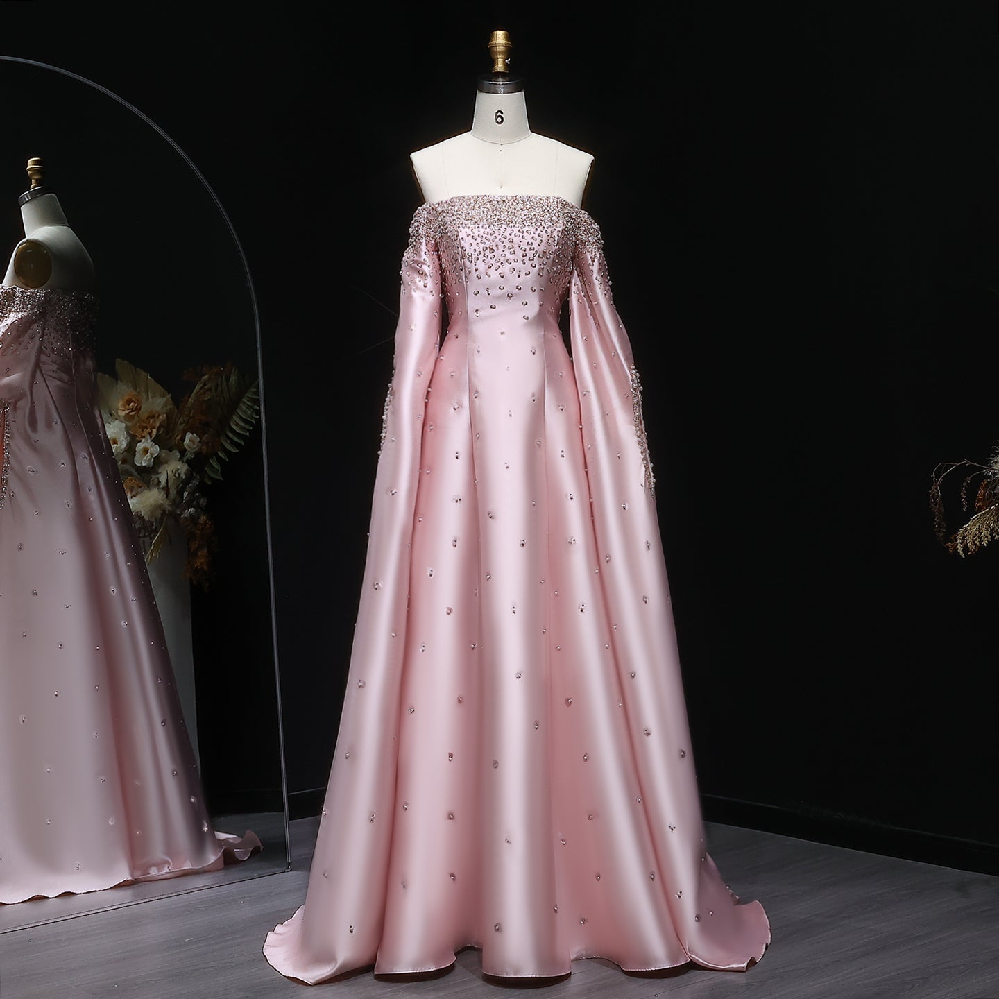 Luxury Off Shoulder Gray Arabic Evening Dress with Cape Sleeve SS575  Pink / US 20