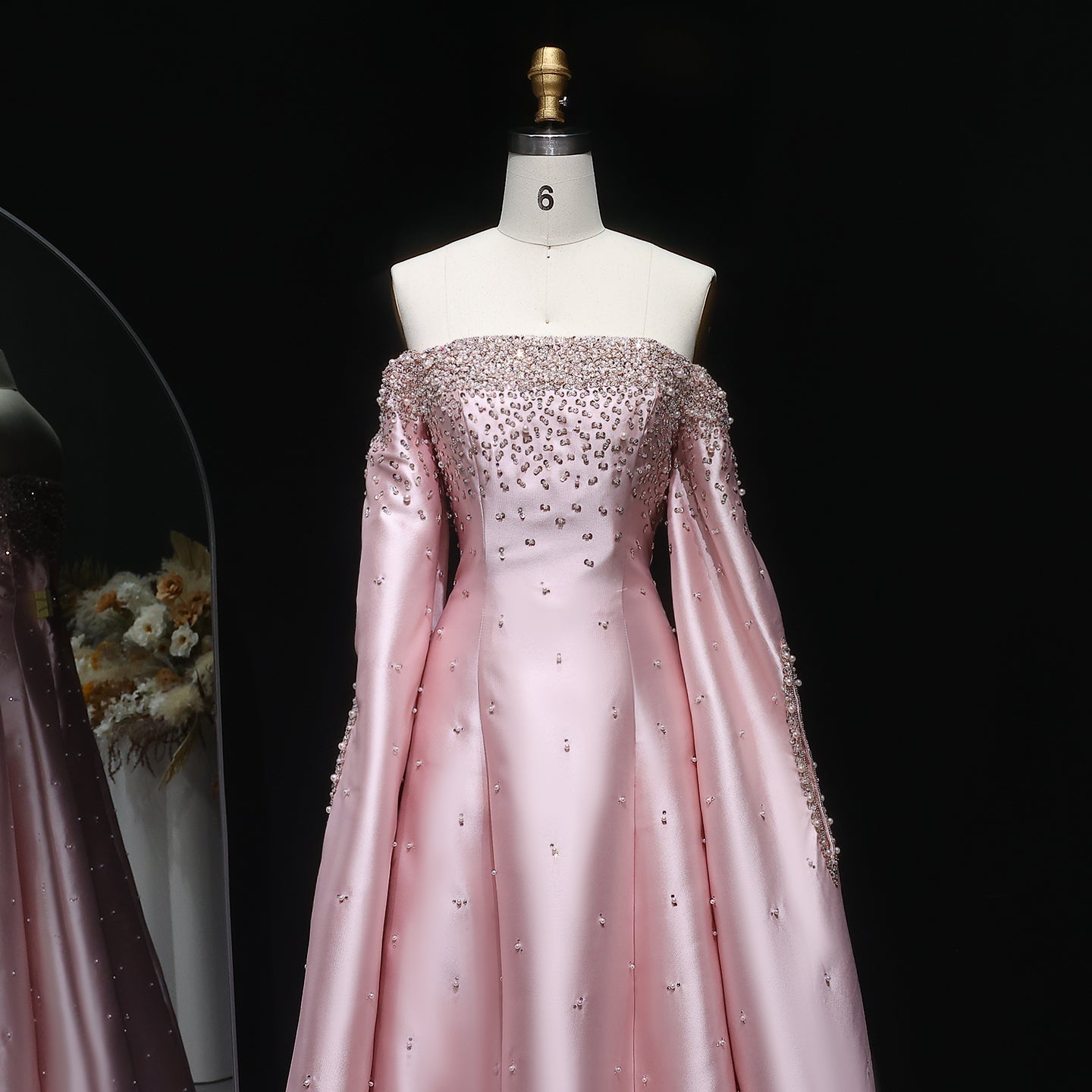 Luxury Off Shoulder Gray Arabic Evening Dress with Cape Sleeve SS575