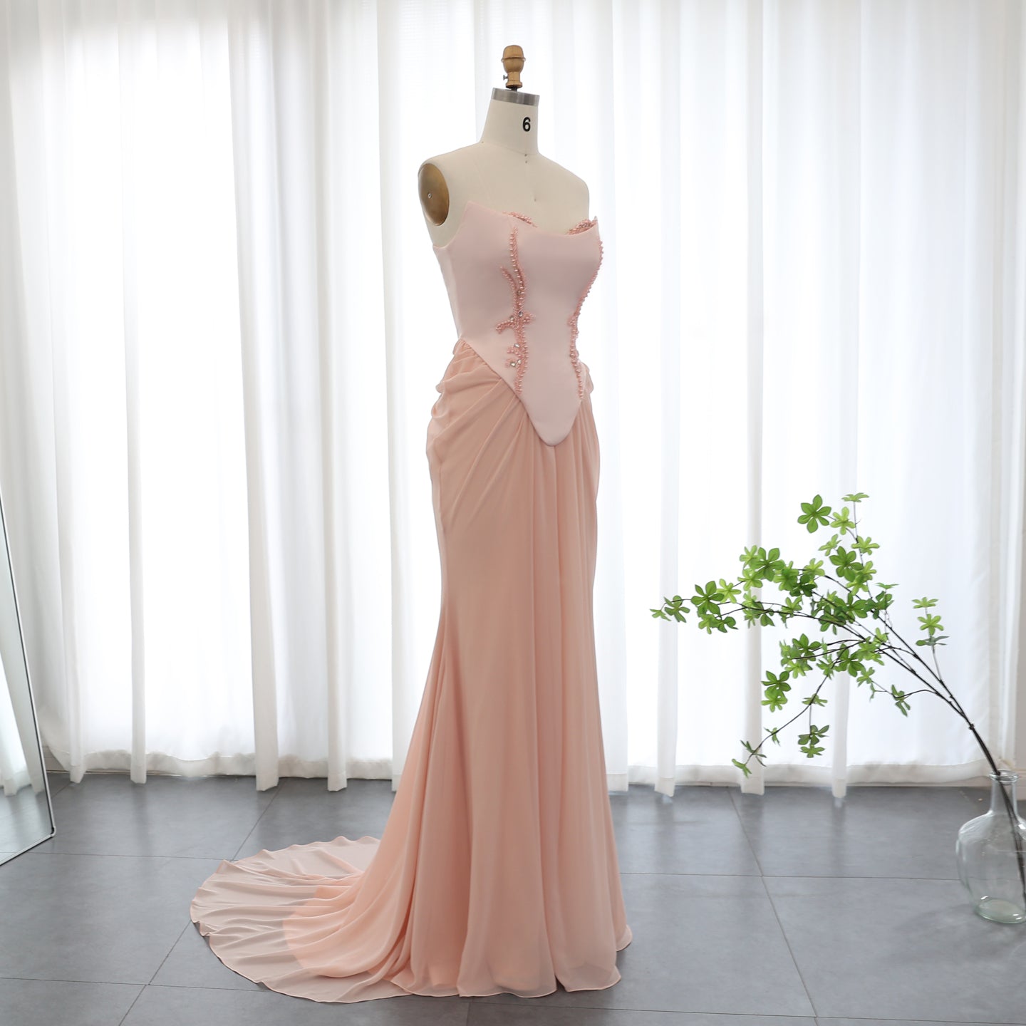 Pink Handmade Draped Strapless Chiffon Mermaid Evening Dress SF306