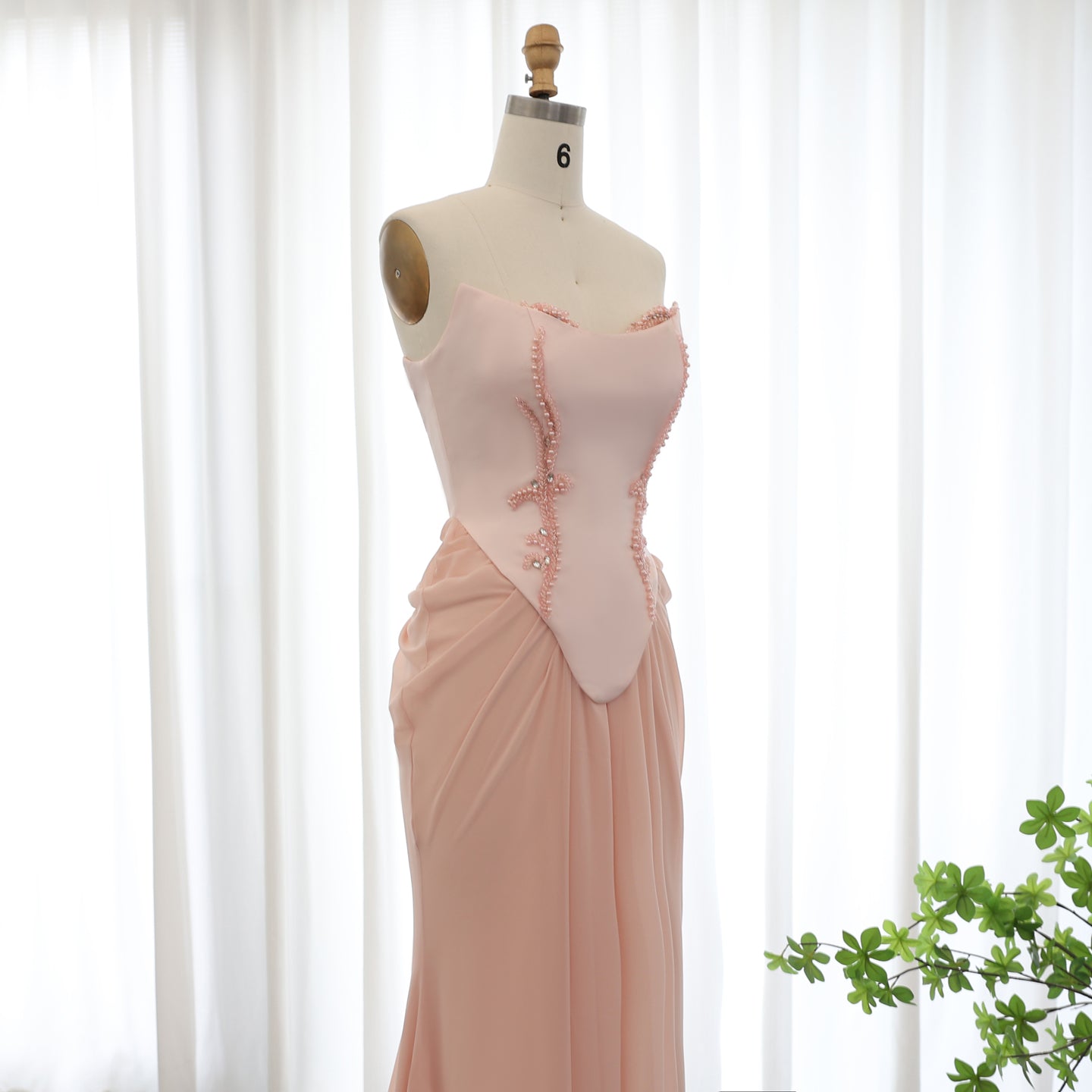 Pink Handmade Draped Strapless Chiffon Mermaid Evening Dress SF306