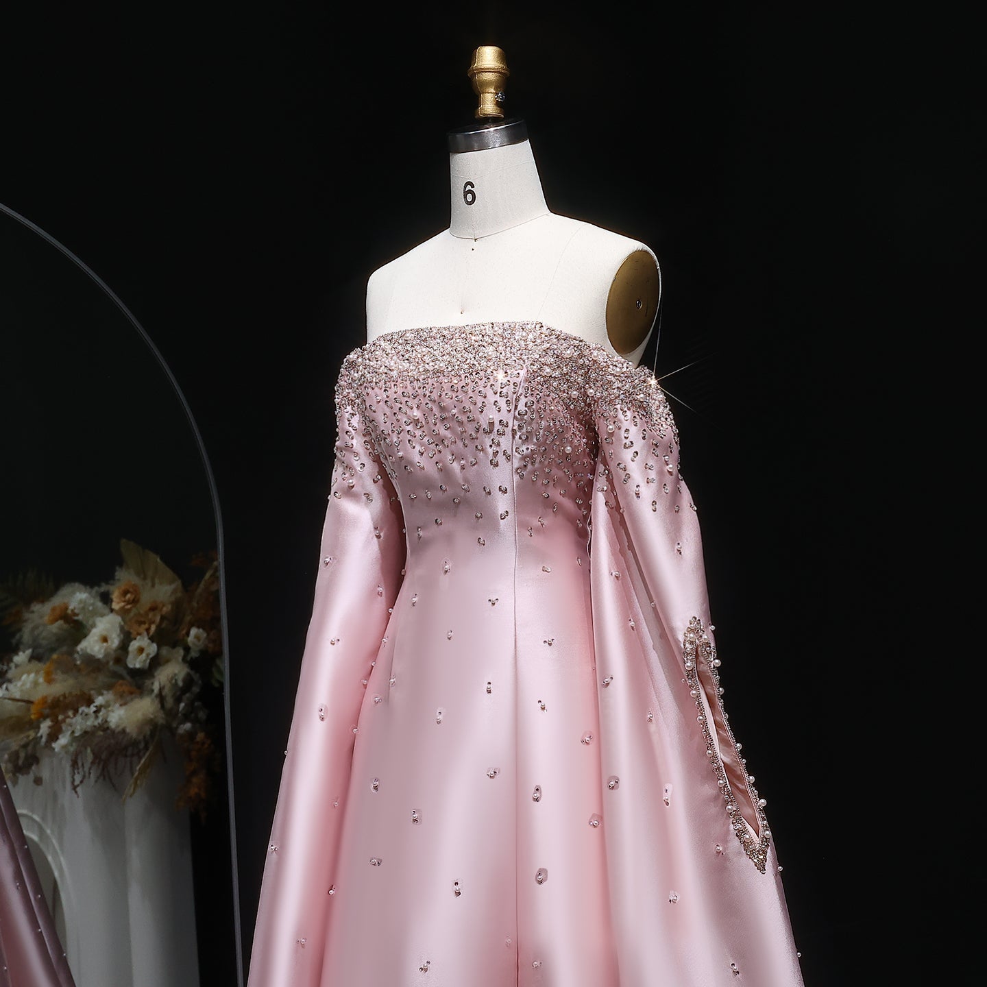 Luxury Off Shoulder Gray Arabic Evening Dress with Cape Sleeve SS575