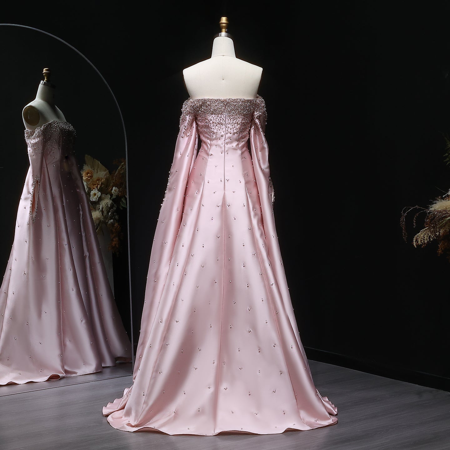 Luxury Off Shoulder Gray Arabic Evening Dress with Cape Sleeve SS575