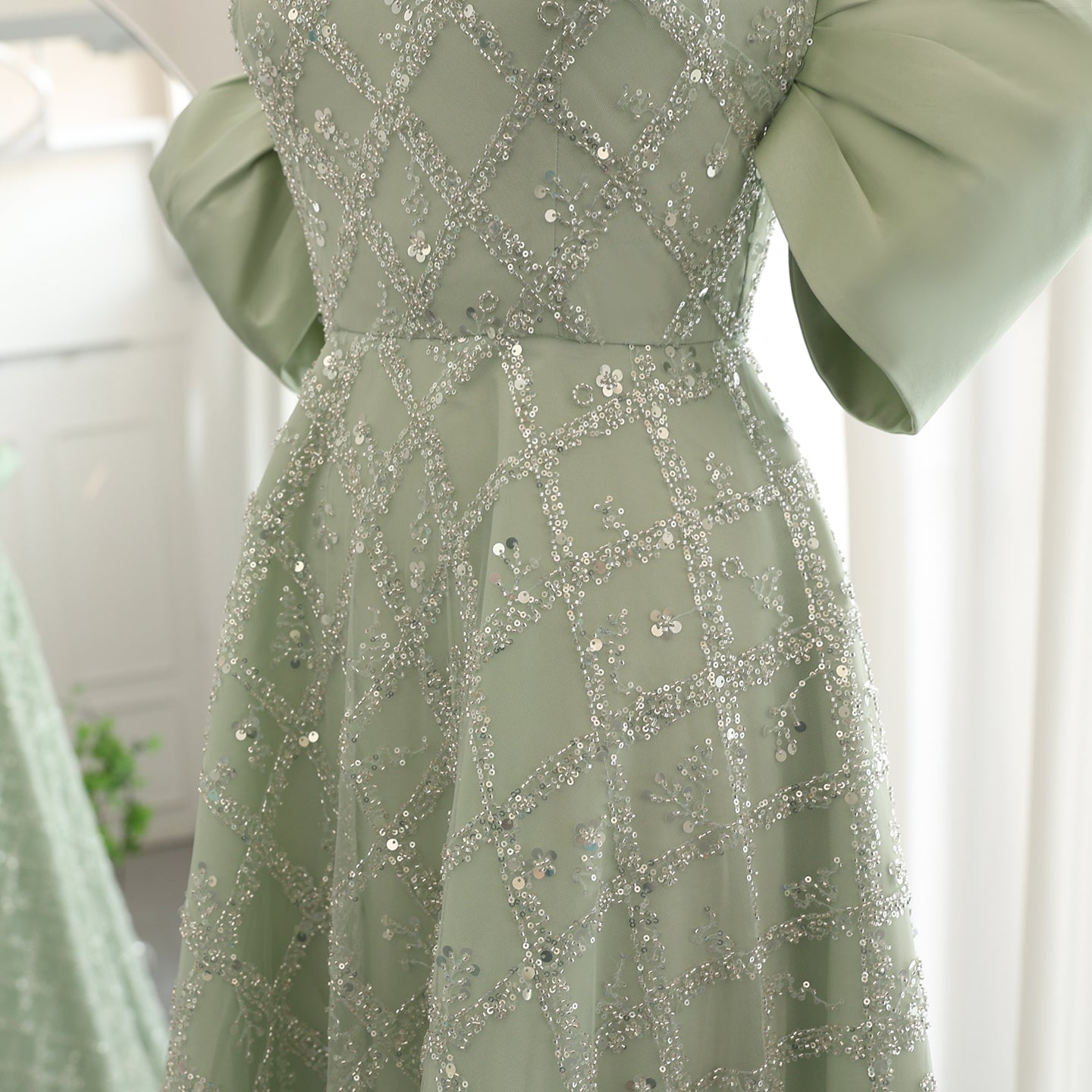 Elegant Sage Green Off Shoulder Evening Dress SS427
