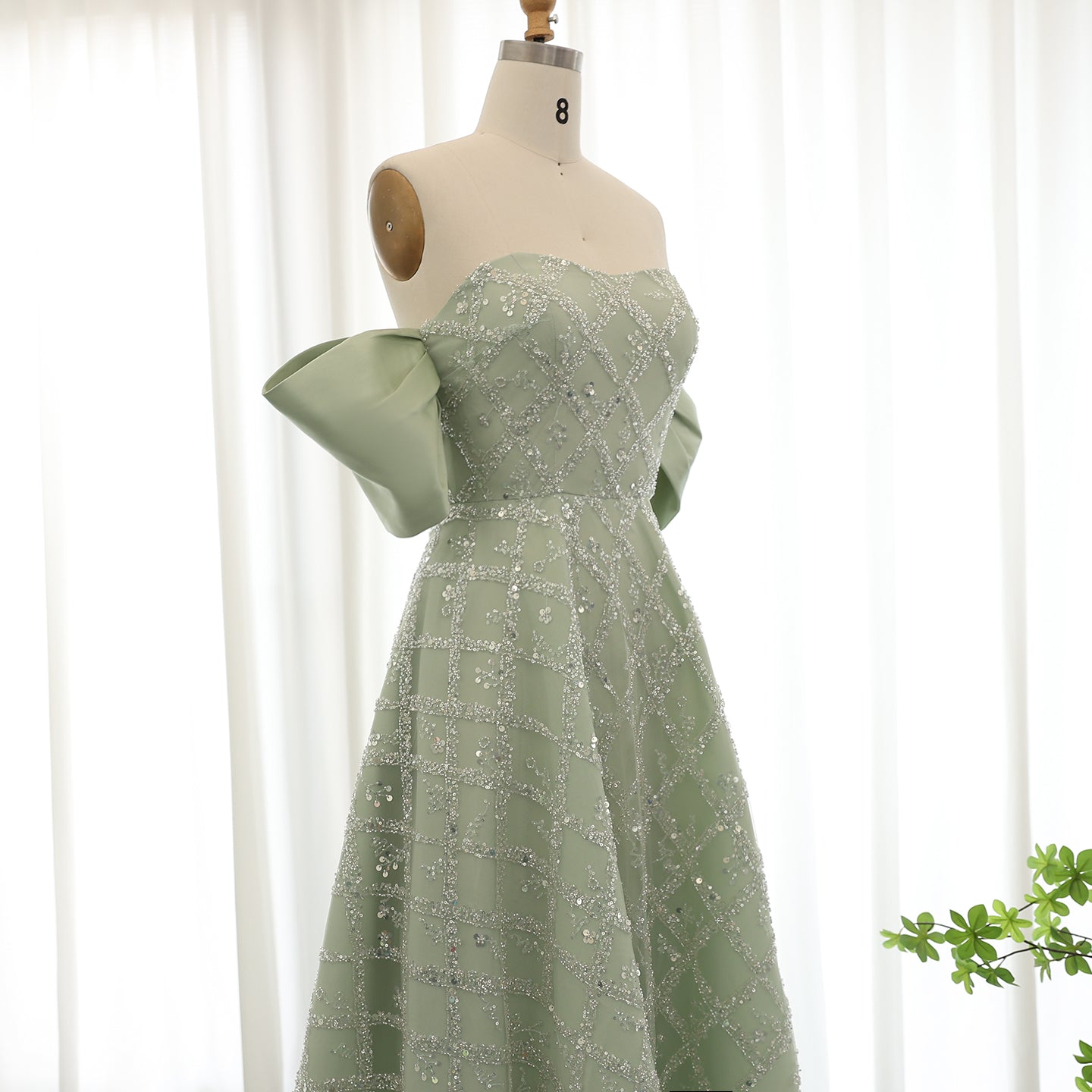 Elegant Sage Green Off Shoulder Evening Dress SS427