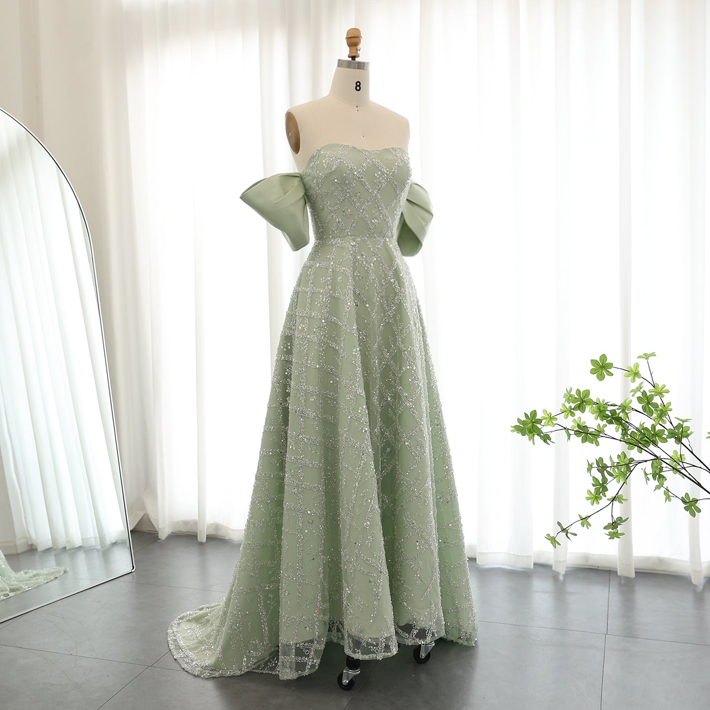 Elegant Sage Green Off Shoulder Evening Dress SS427