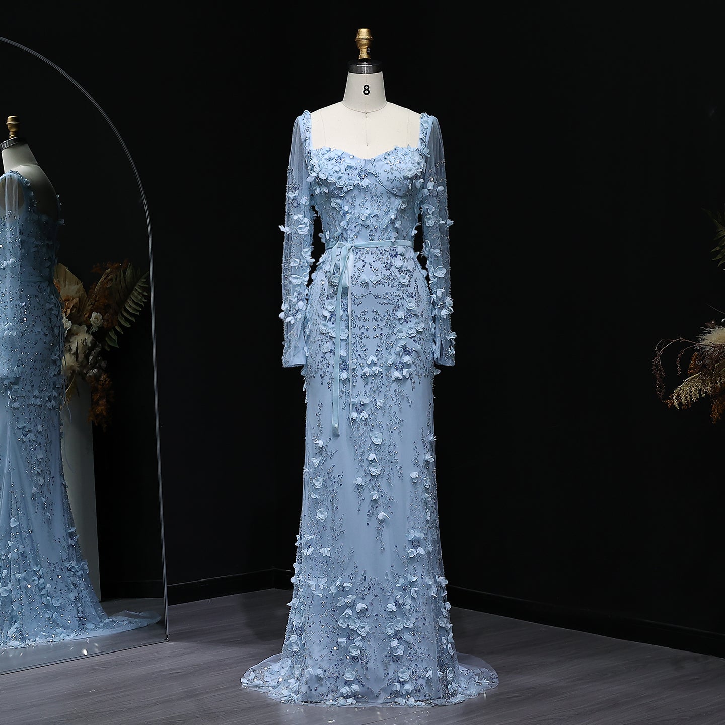 Luxury Green 3D Floral Evening Dress with Long Sleeves SS355  Blue / US 16