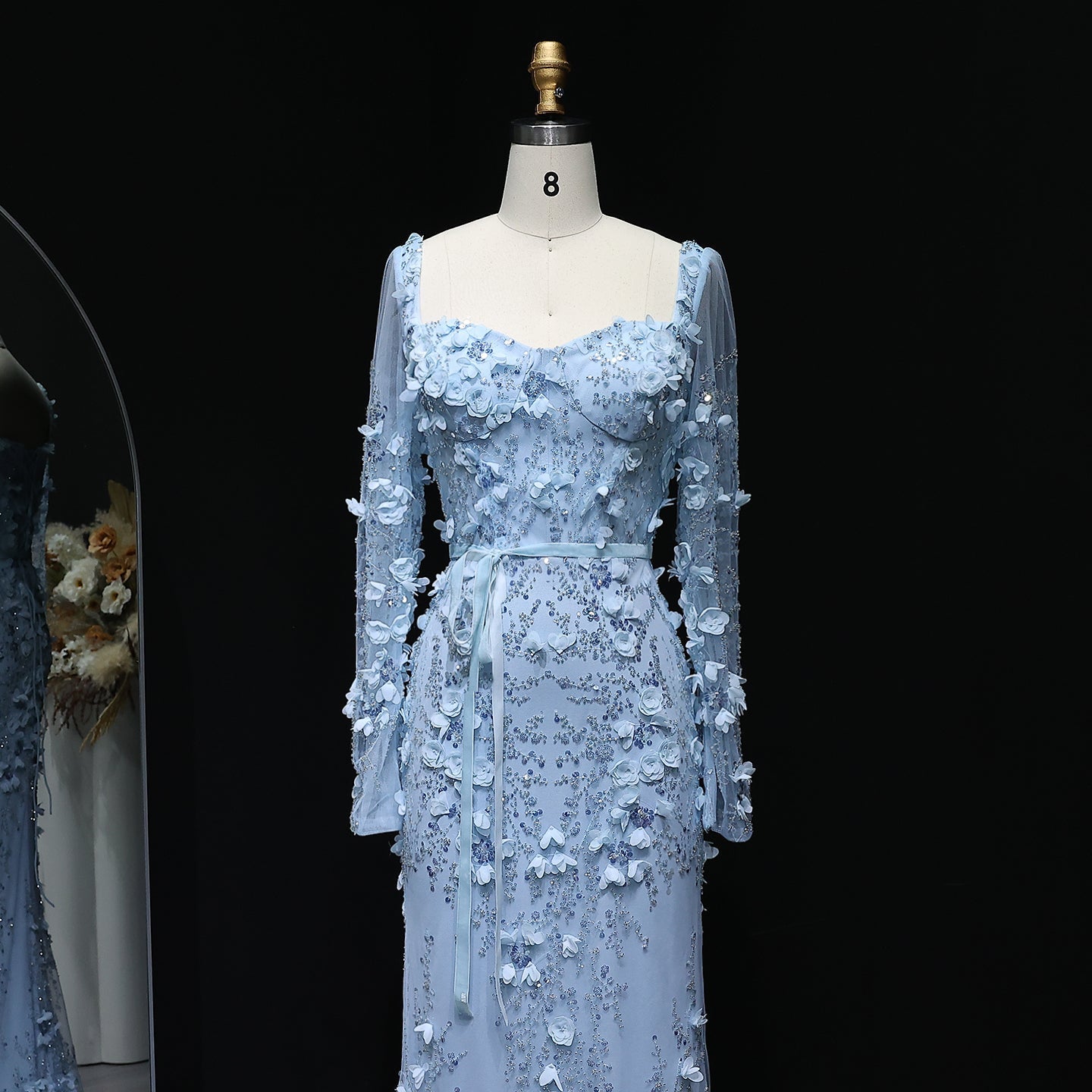 Luxury Green 3D Floral Evening Dress with Long Sleeves SS355