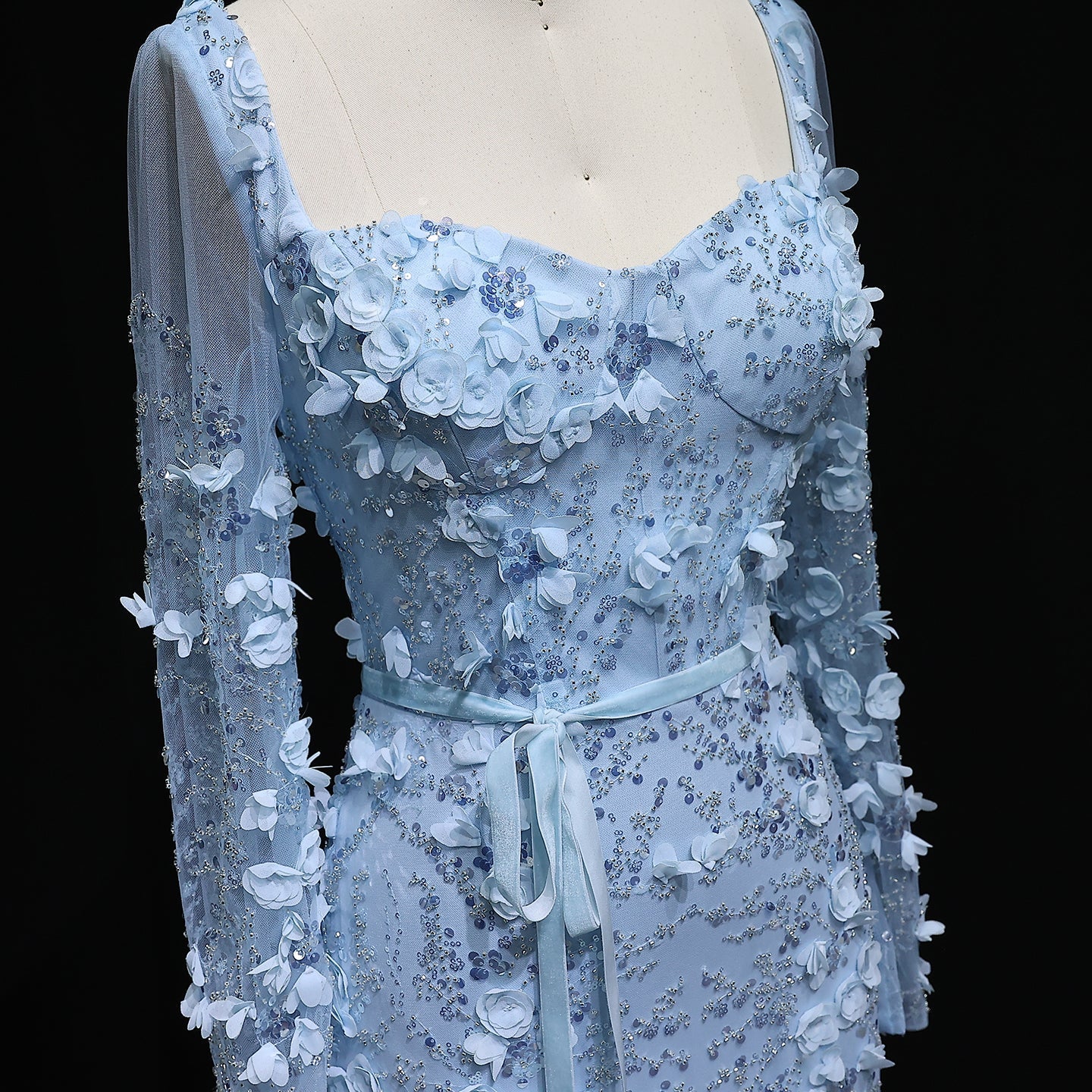 Luxury Green 3D Floral Evening Dress with Long Sleeves SS355