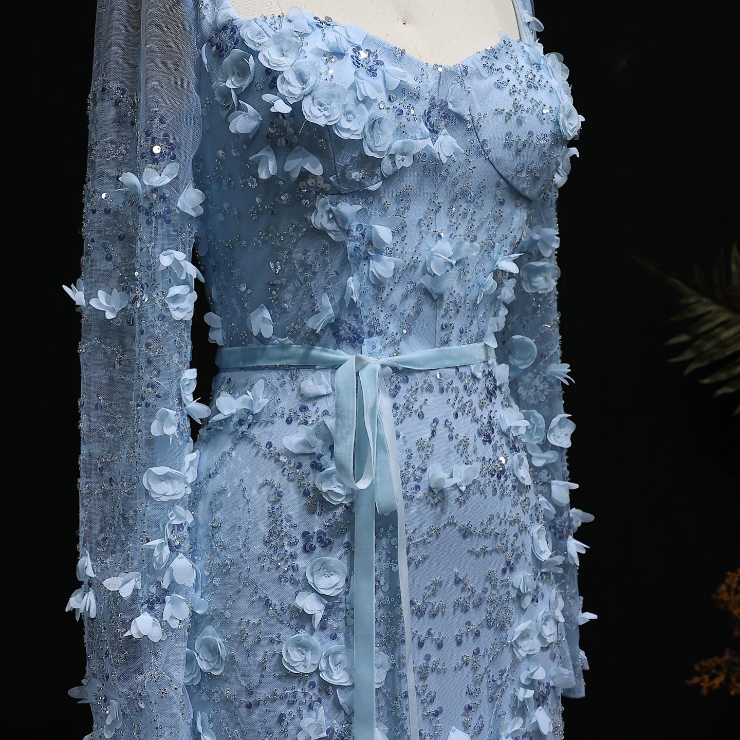 Luxury Green 3D Floral Evening Dress with Long Sleeves SS355