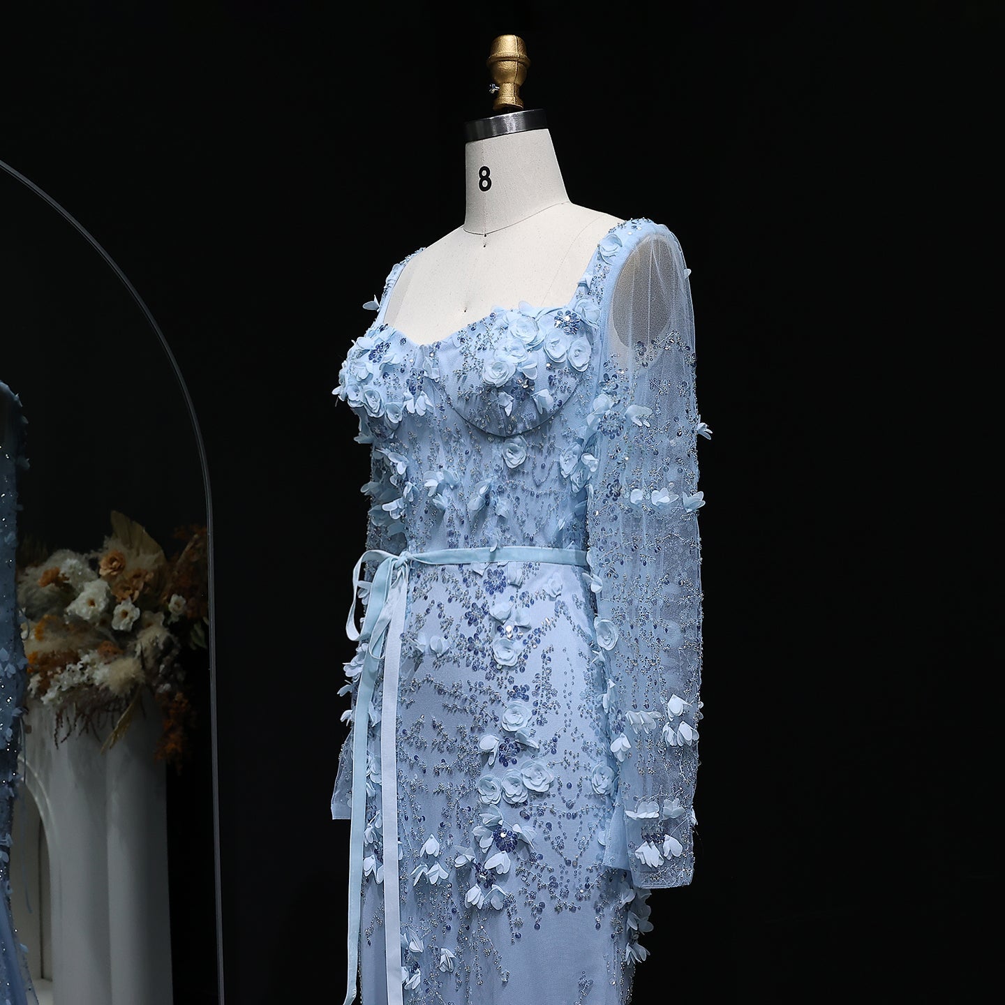 Luxury Green 3D Floral Evening Dress with Long Sleeves SS355