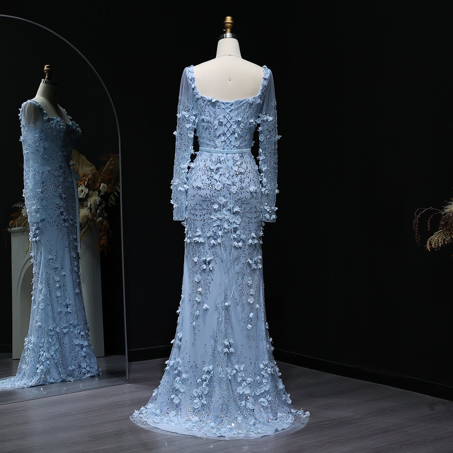 Luxury Green 3D Floral Evening Dress with Long Sleeves SS355