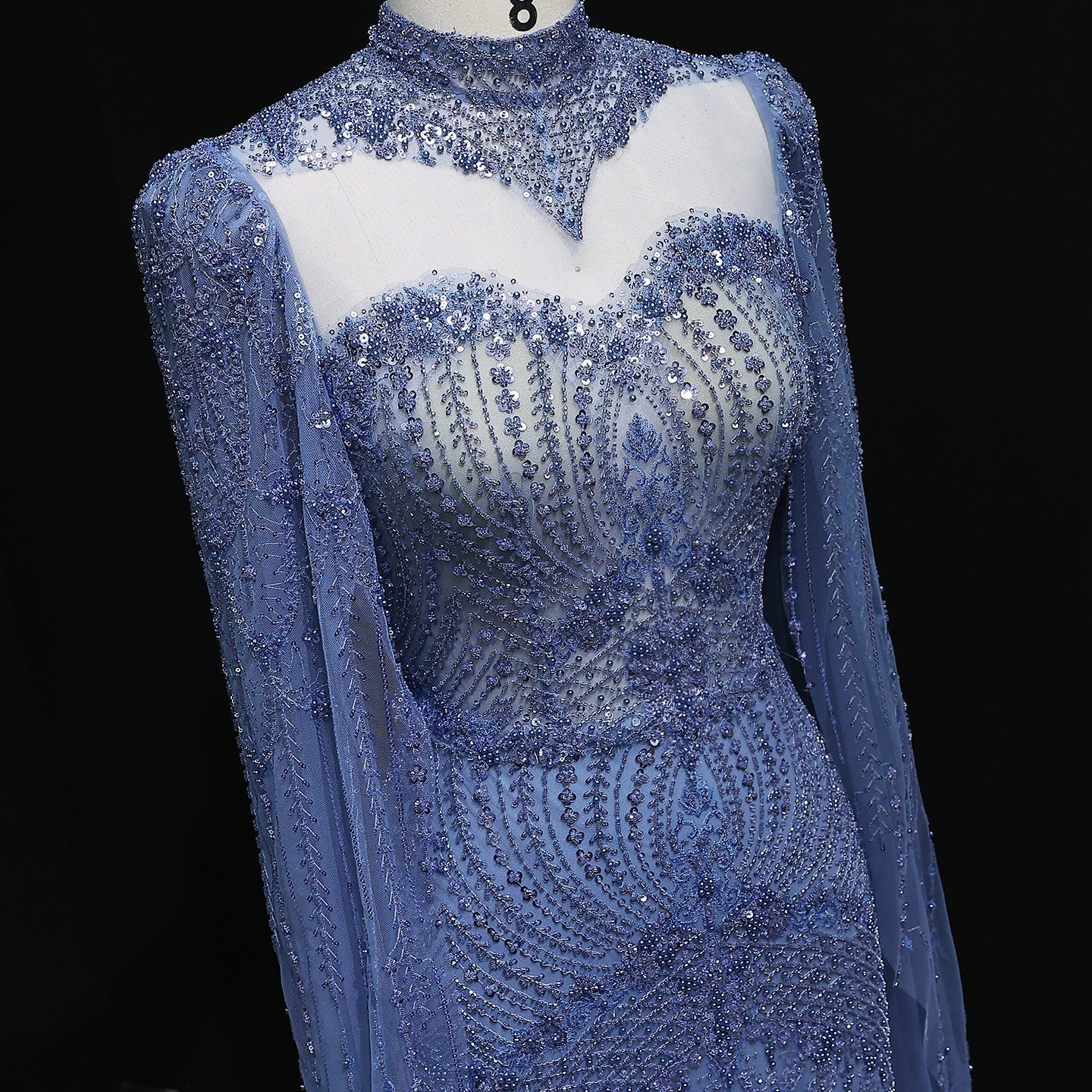 Elegant Beaded Blue Evening Dress with Cape Sleeves SS079