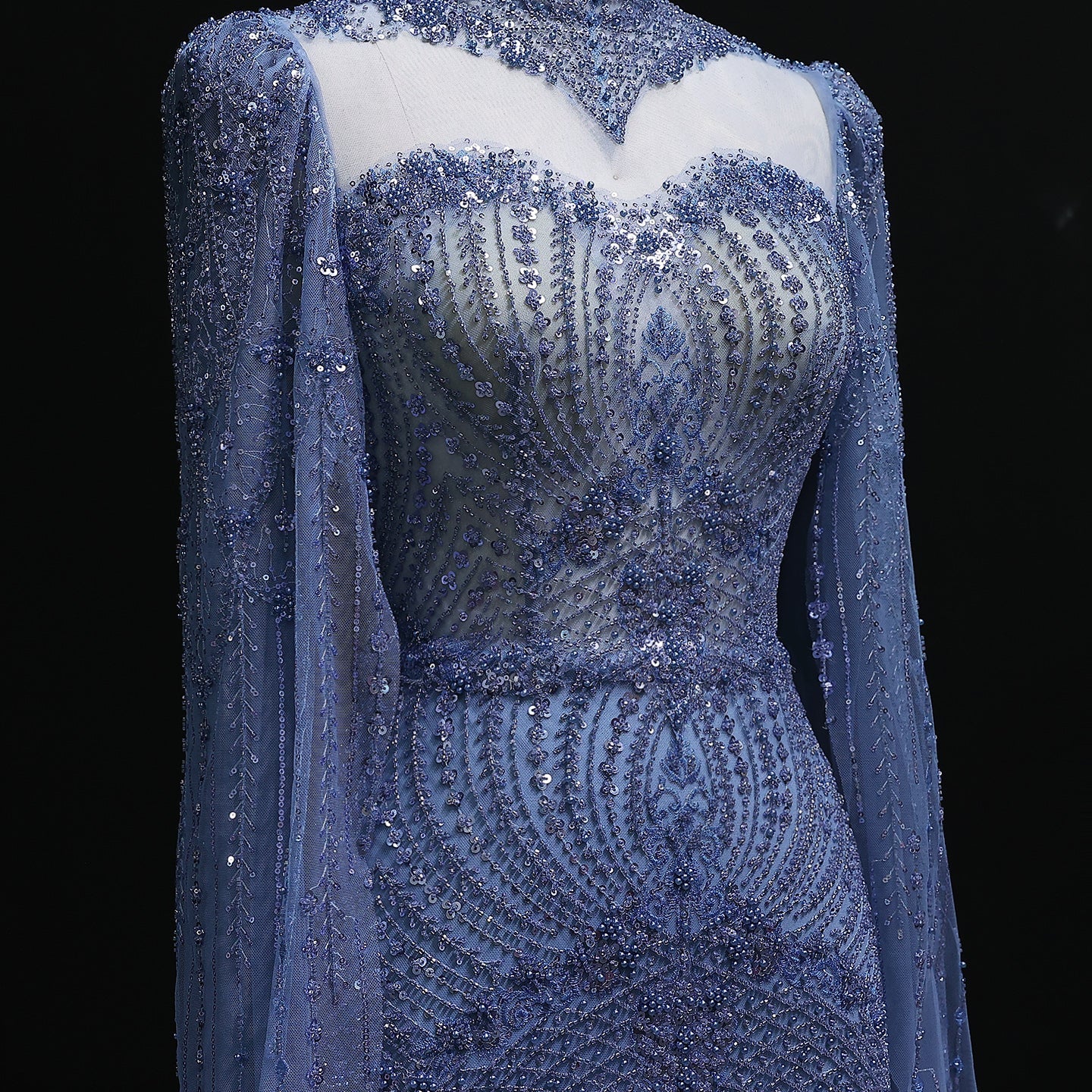 Elegant Beaded Blue Evening Dress with Cape Sleeves SS079
