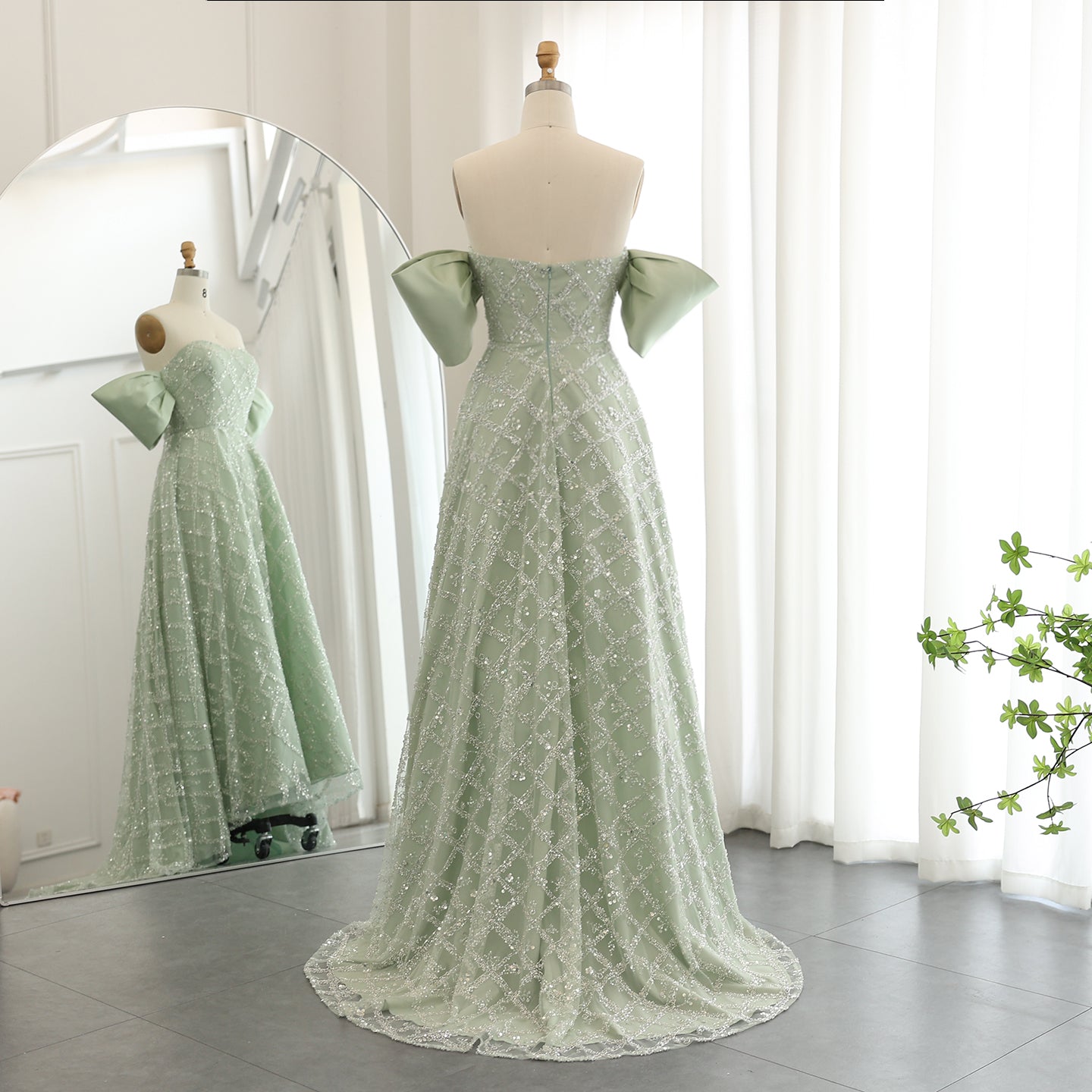 Elegant Sage Green Off Shoulder Evening Dress SS427