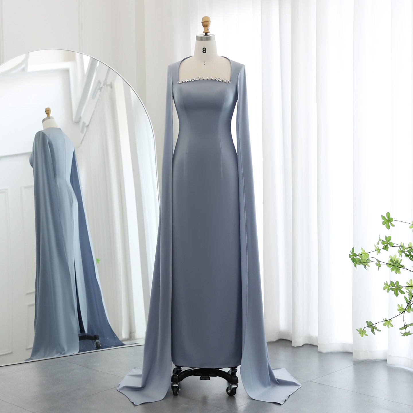 Elegant Blue Mermaid Evening Dress with Cape Sleeves SF486  Blue / US 16