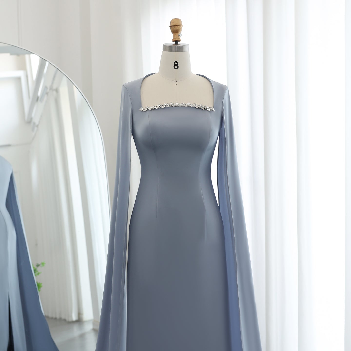 Elegant Blue Mermaid Evening Dress with Cape Sleeves SF486