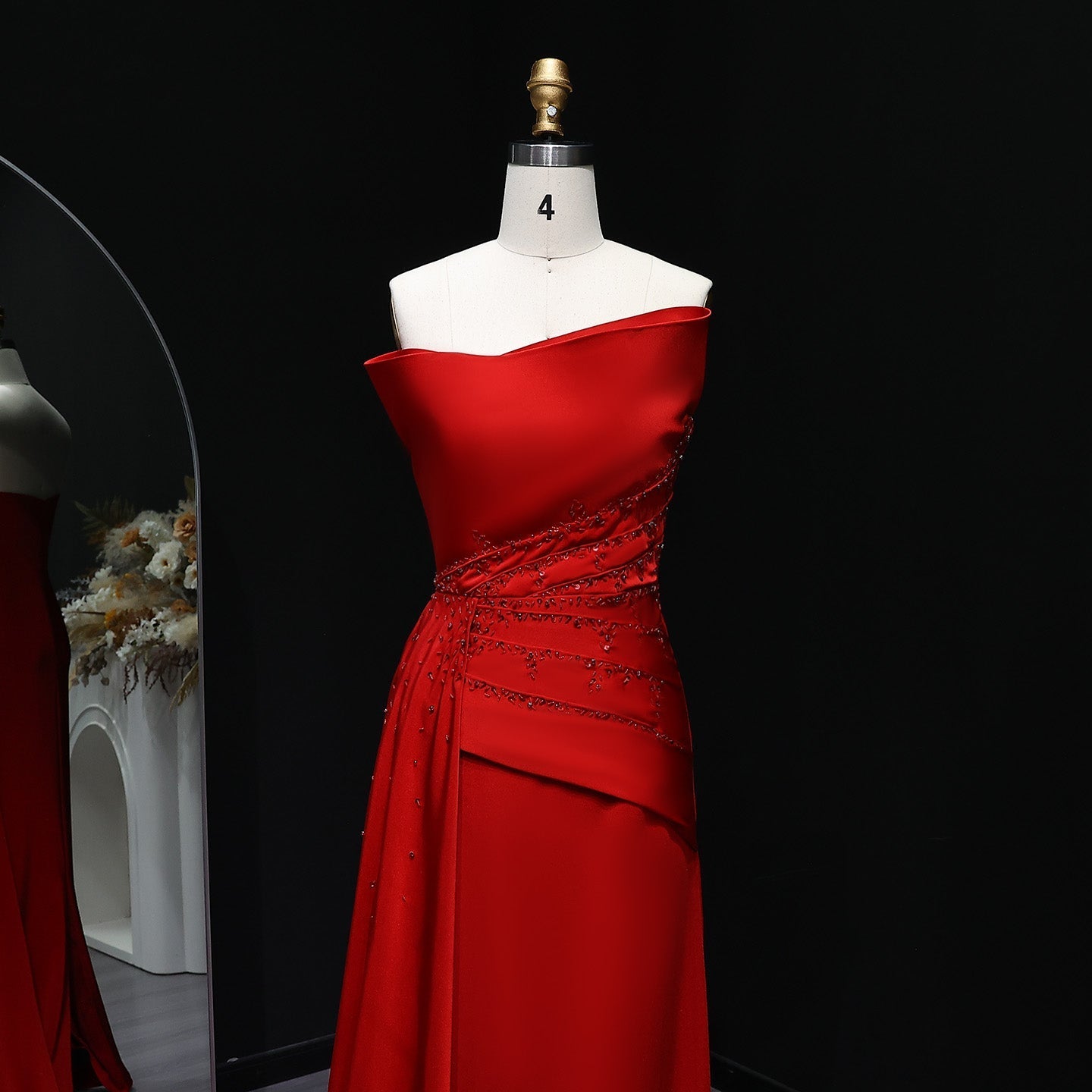 Elegant Crystal Red Mermaid Evening Dress with Overskirt SF514