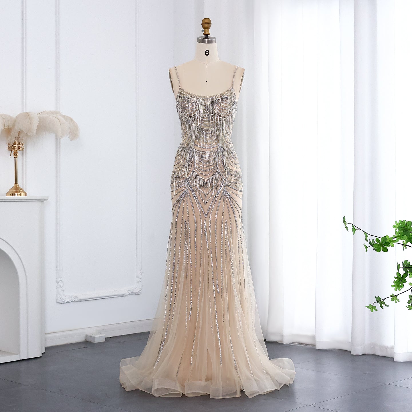 Luxury Tassel Spaghetti Mermaid Evening Dress SS029  Champagne / US 18