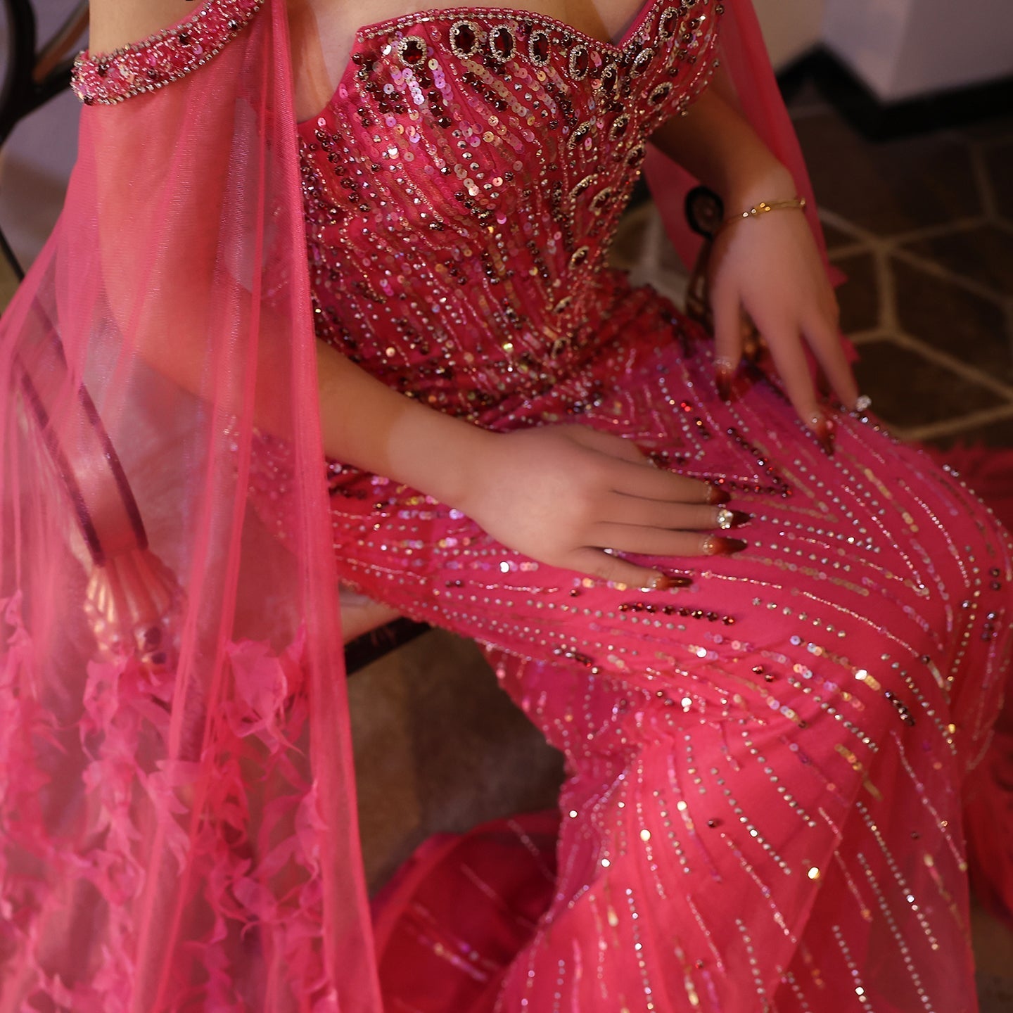 Luxury Fuchsia Evening Dress with Cape Sleeves SS468