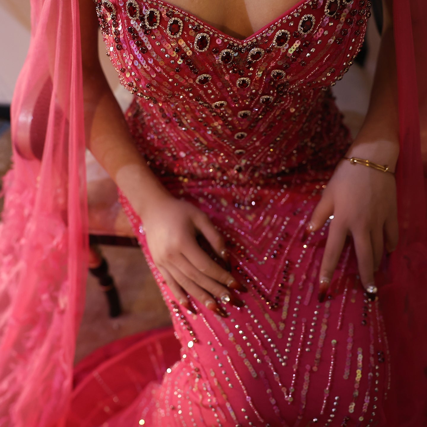 Luxury Fuchsia Evening Dress with Cape Sleeves SS468