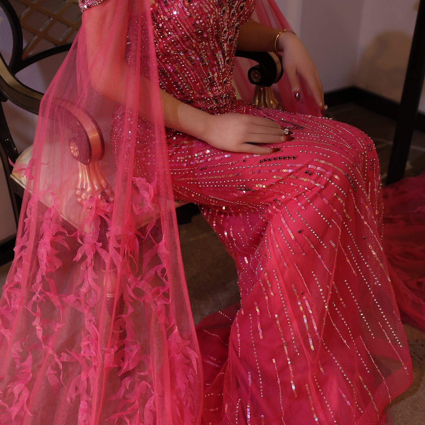 Luxury Fuchsia Evening Dress with Cape Sleeves SS468