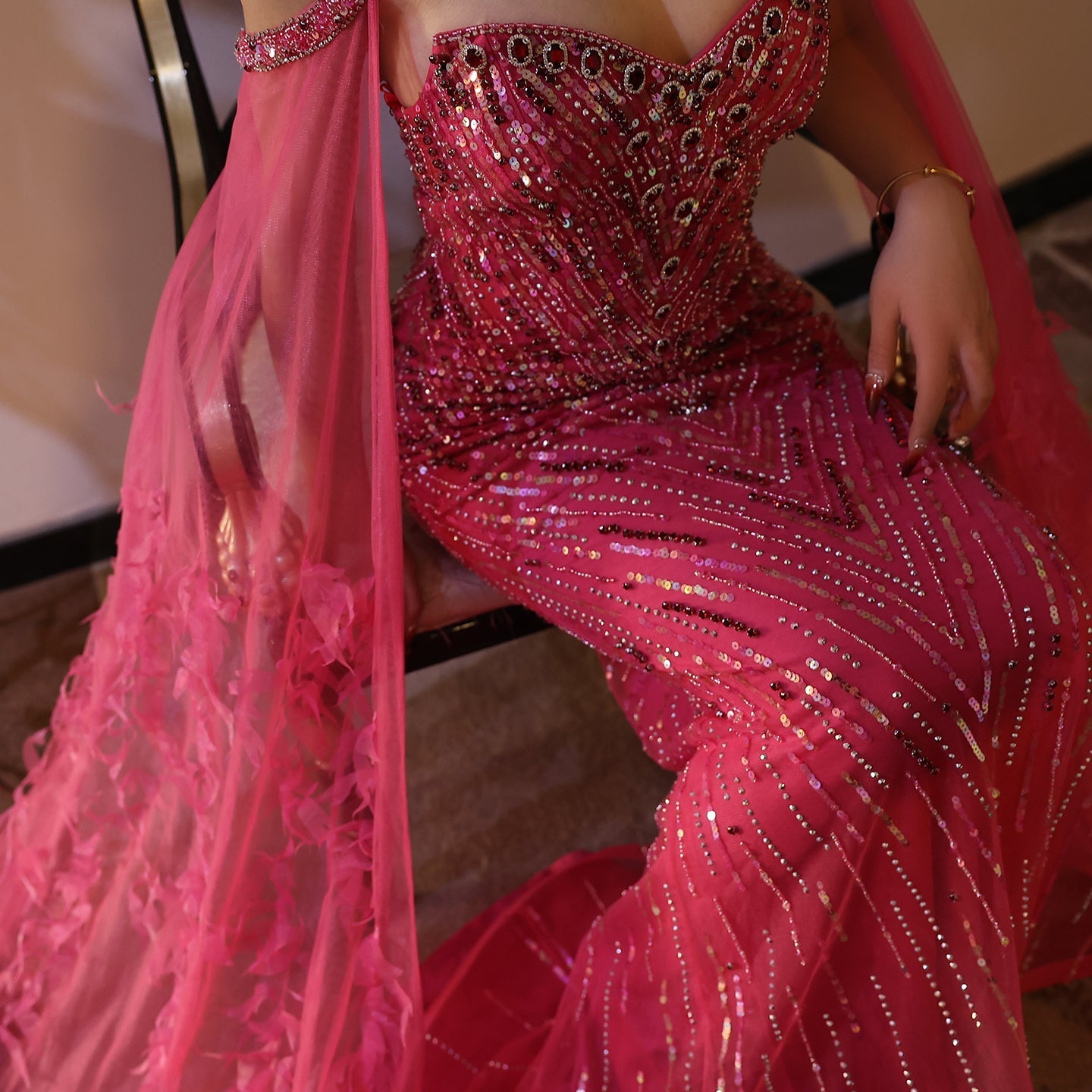 Luxury Fuchsia Evening Dress with Cape Sleeves SS468