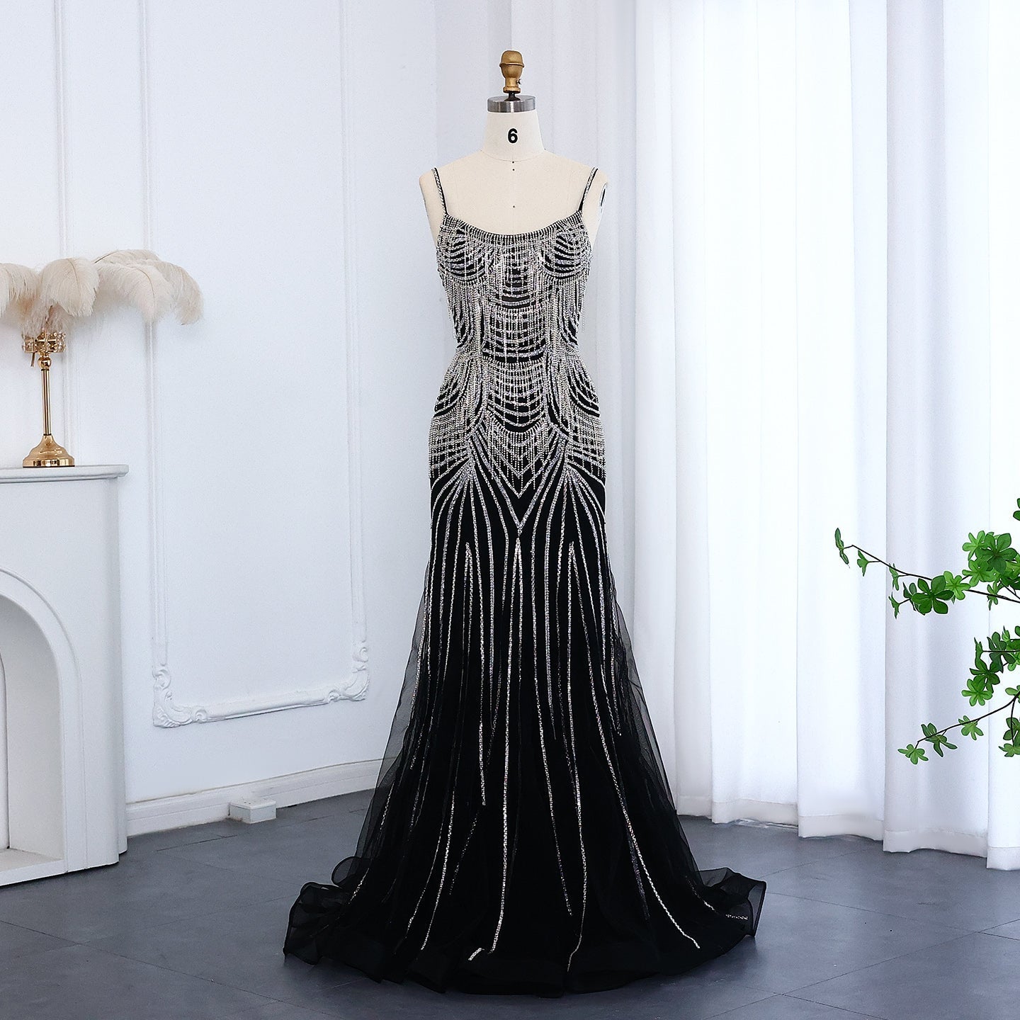 Luxury Tassel Spaghetti Mermaid Evening Dress SS029  Black / US 18