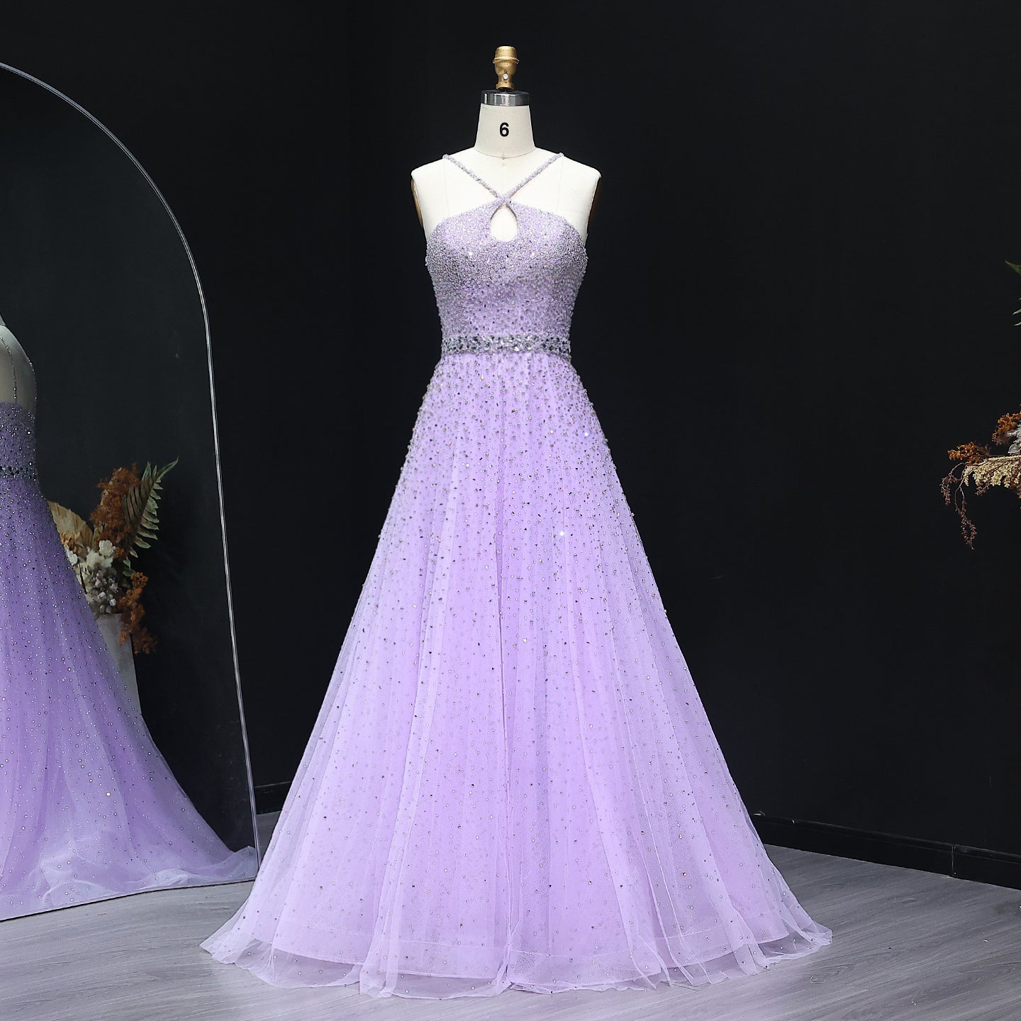 Sparkly Crystal Pink Criss-Cross Pink Evening Dress SS580  Lilac / US 16