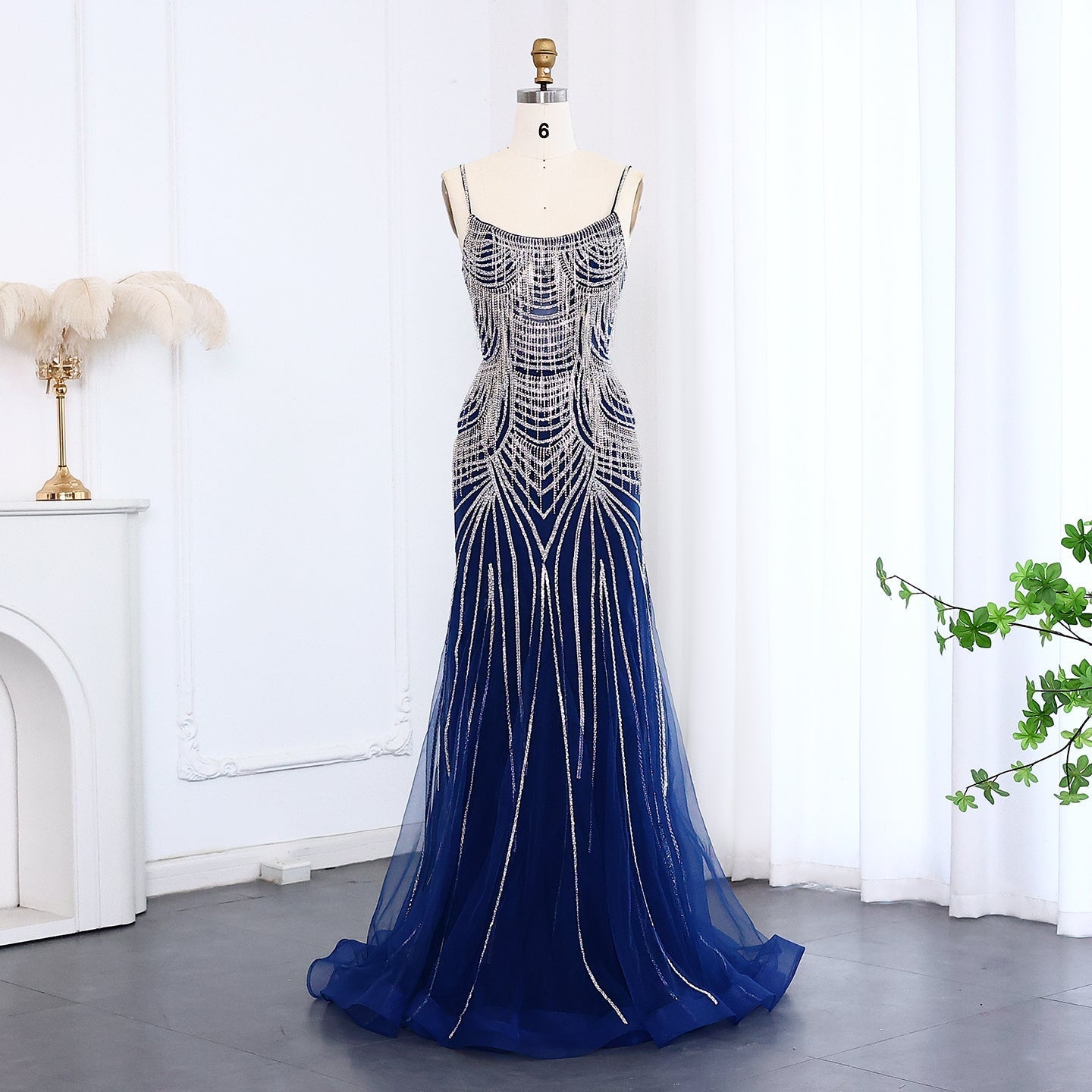 Luxury Tassel Spaghetti Mermaid Evening Dress SS029  Blue / US 18