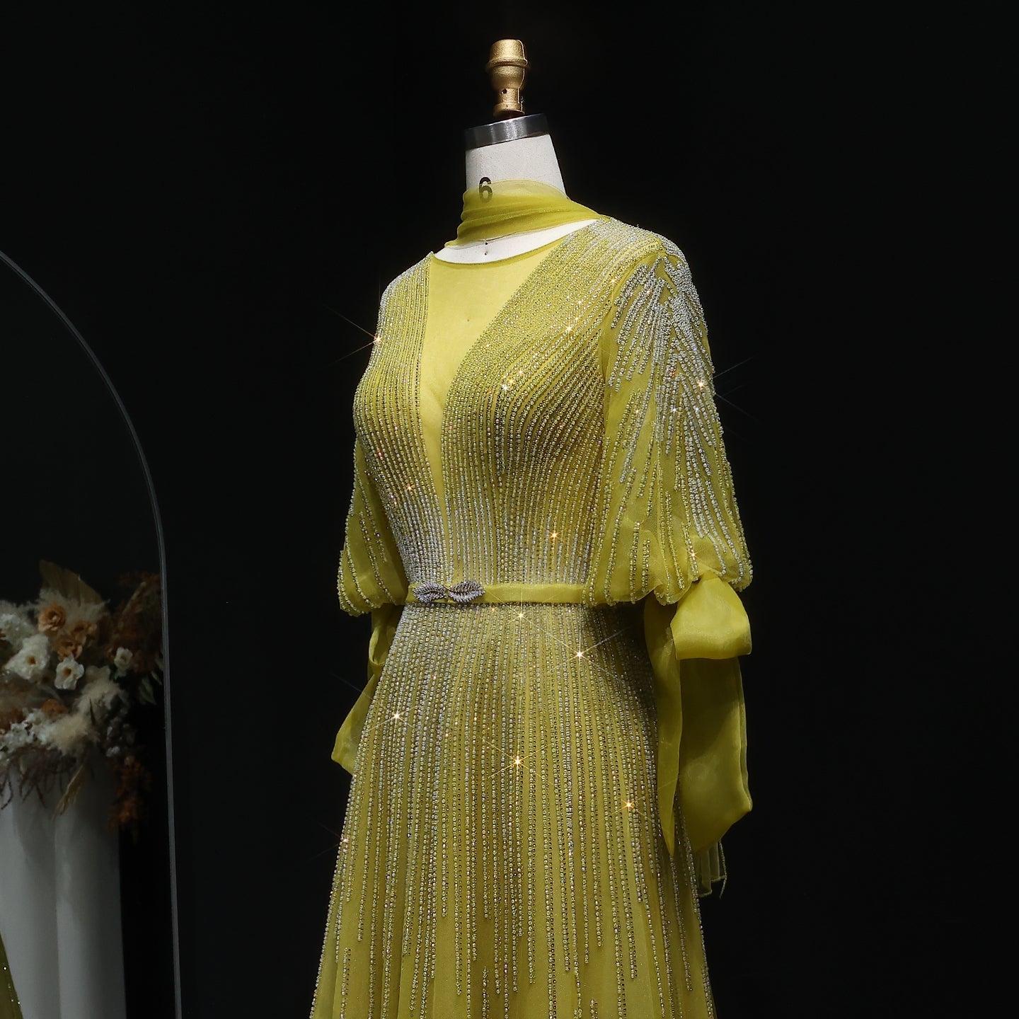 Luxury Crystal Yellow Plus Size Women Evening Dress with Sleeves SS059