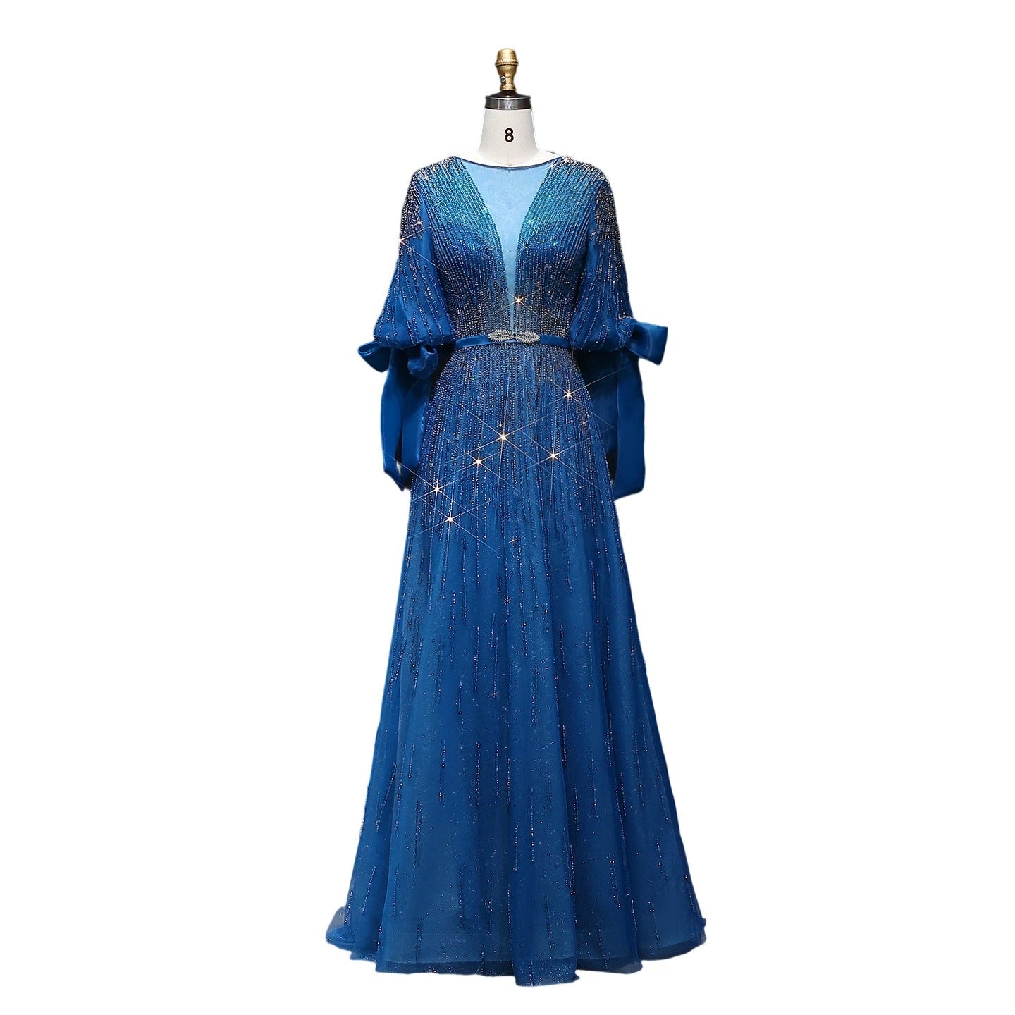 Luxury Crystal Yellow Plus Size Women Evening Dress with Sleeves SS059