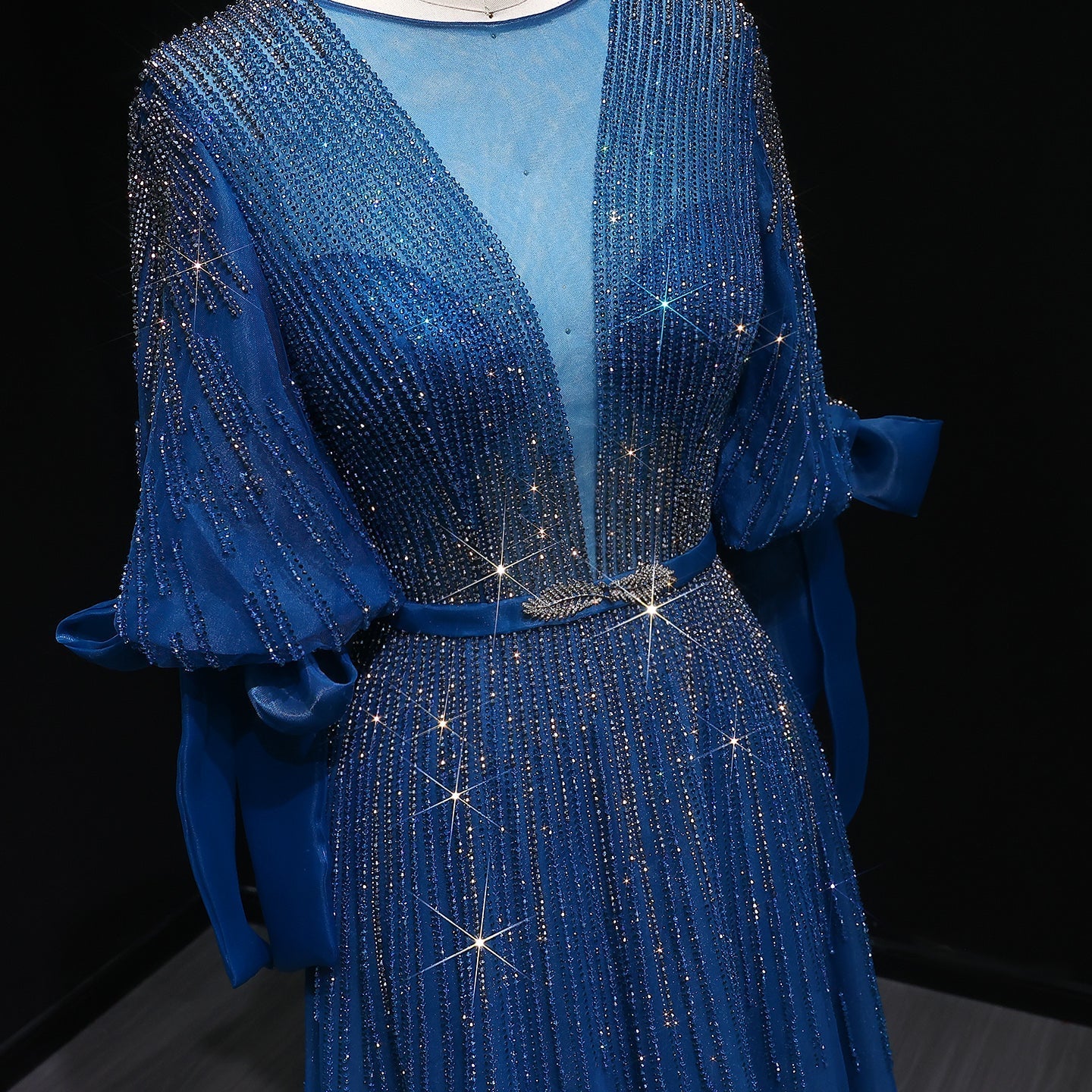 Luxury Crystal Yellow Plus Size Women Evening Dress with Sleeves SS059