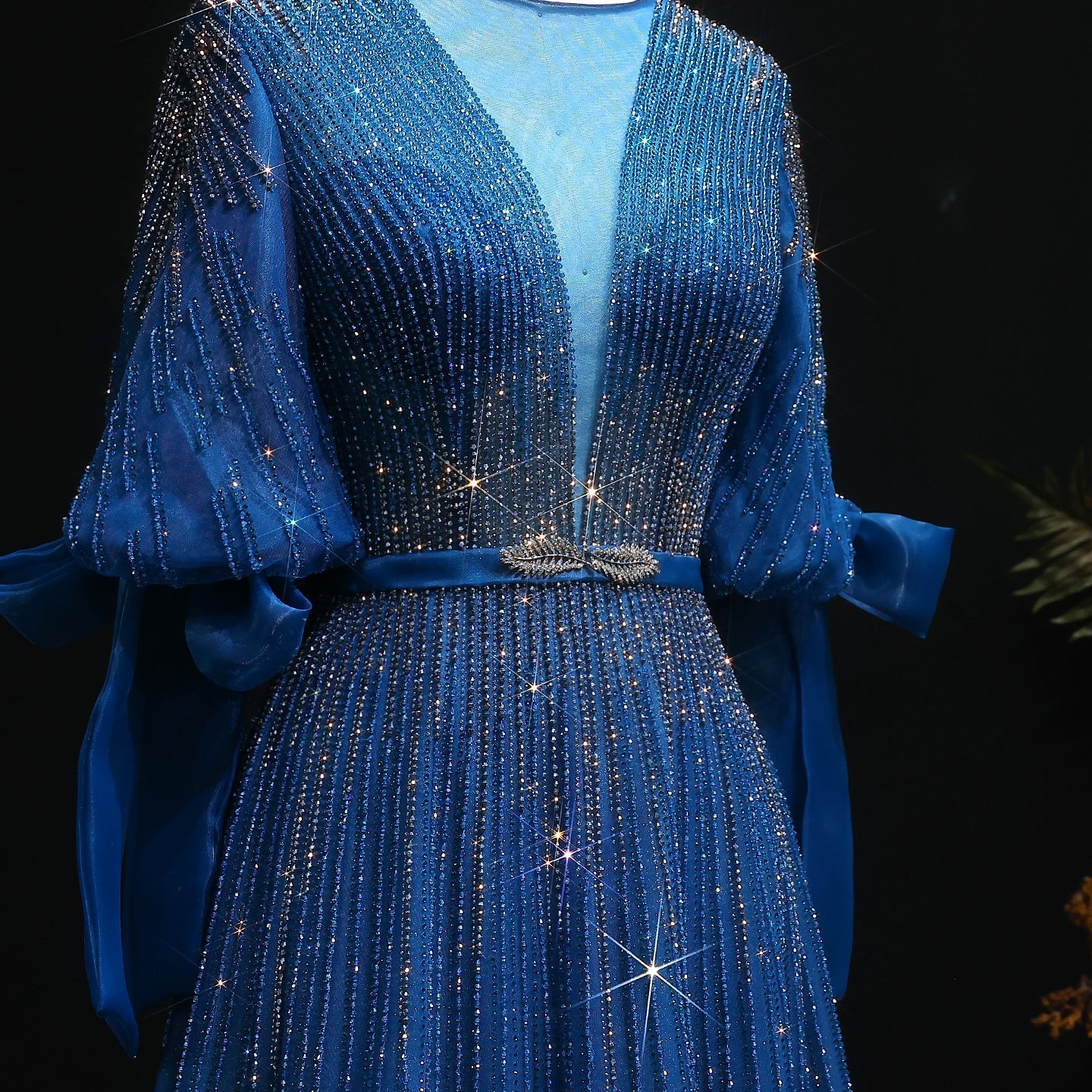 Luxury Crystal Yellow Plus Size Women Evening Dress with Sleeves SS059