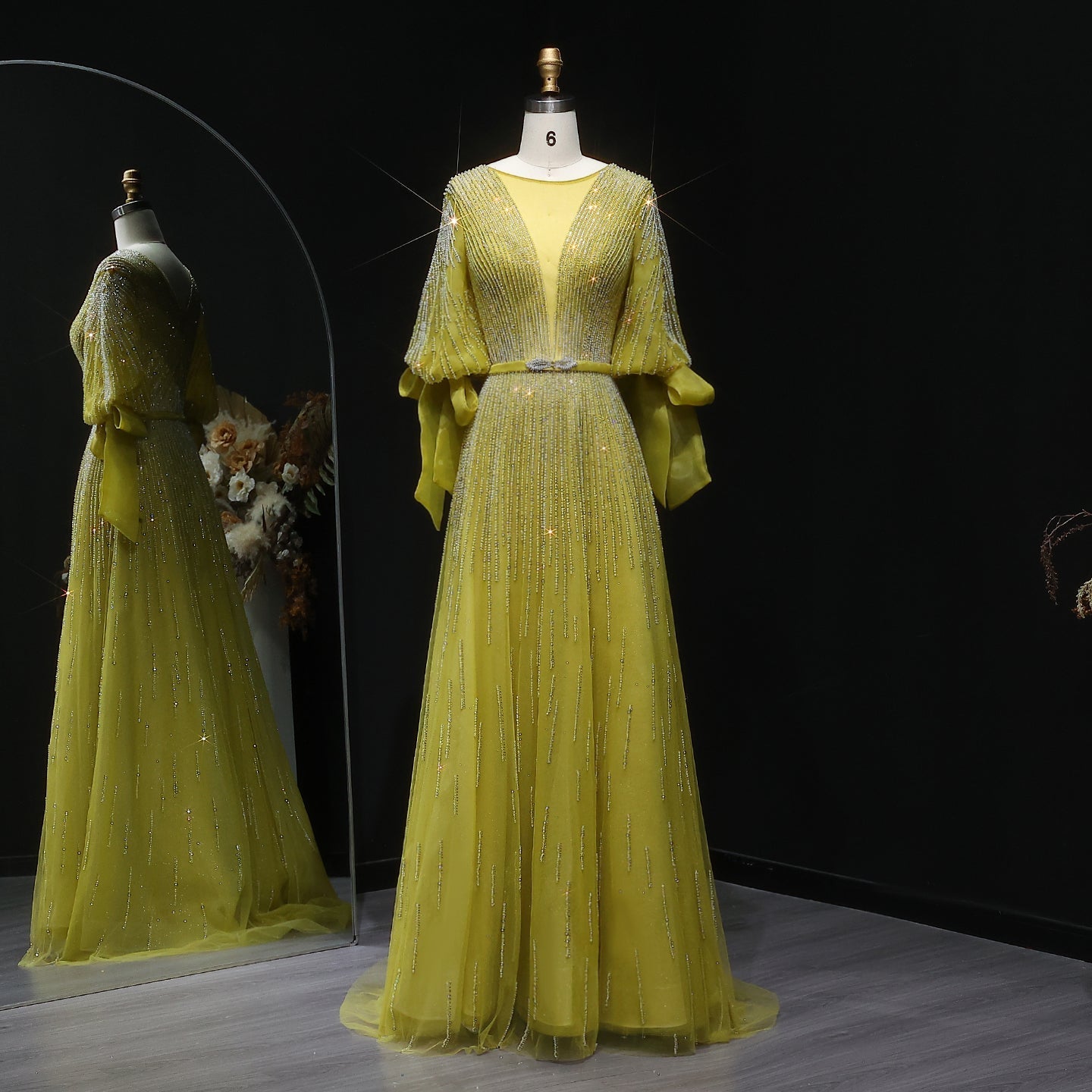 Luxury Crystal Yellow Plus Size Women Evening Dress with Sleeves SS059  Lime / US 20