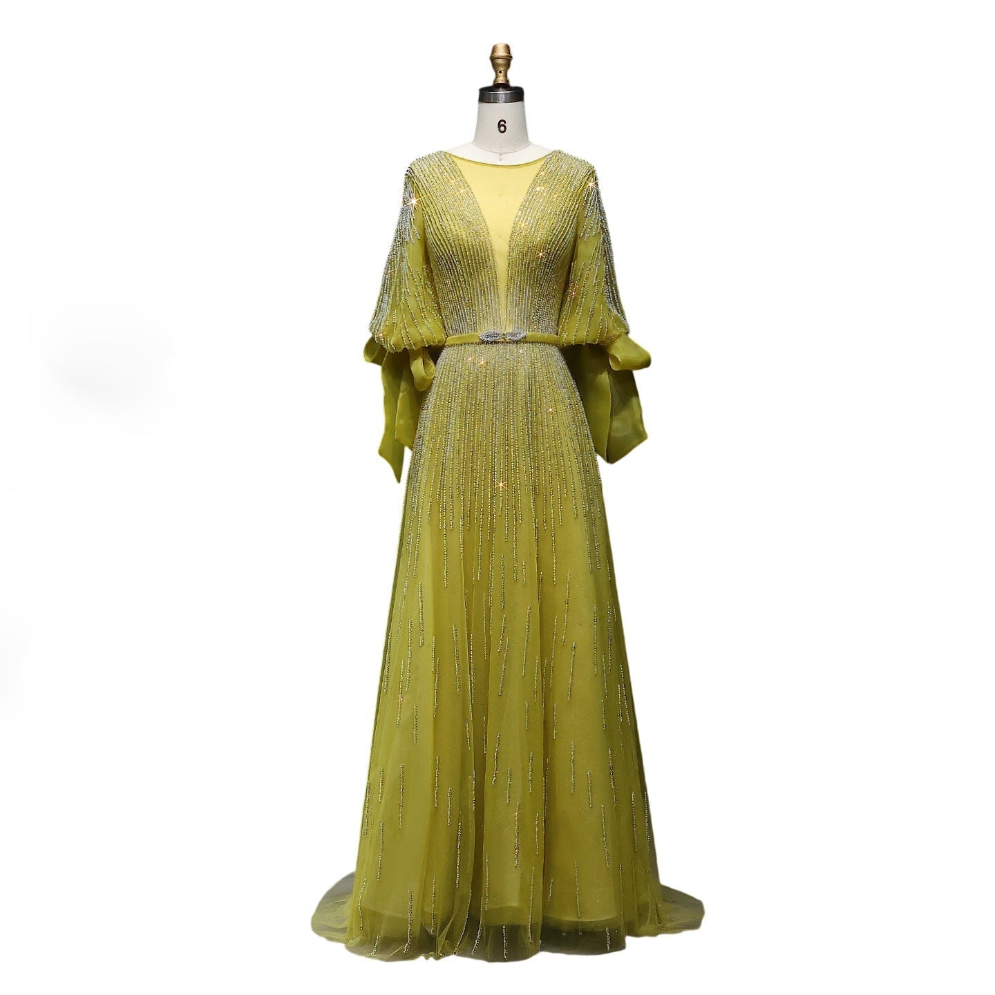 Luxury Crystal Yellow Plus Size Women Evening Dress with Sleeves SS059