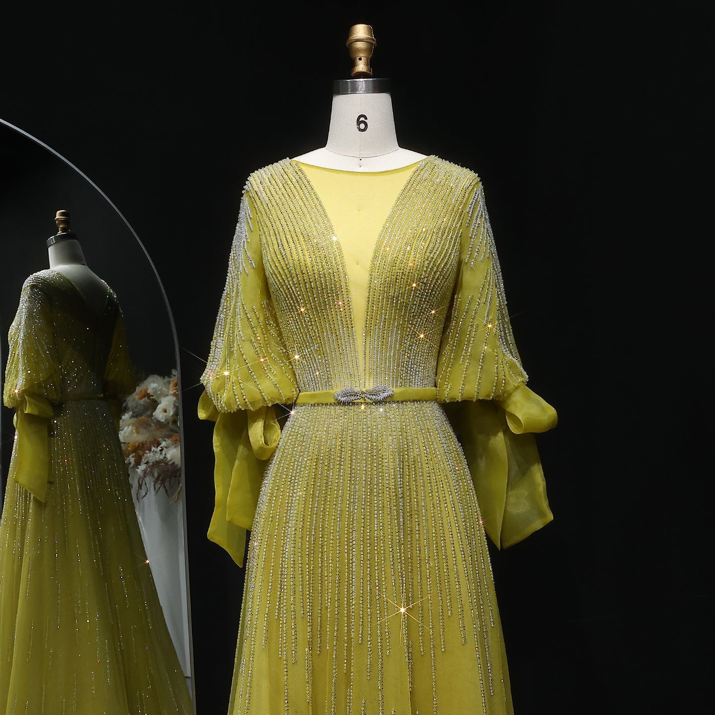 Luxury Crystal Yellow Plus Size Women Evening Dress with Sleeves SS059