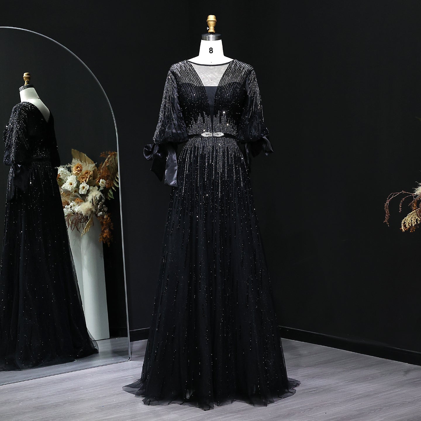 Luxury Crystal Yellow Plus Size Women Evening Dress with Sleeves SS059  Black / US 20