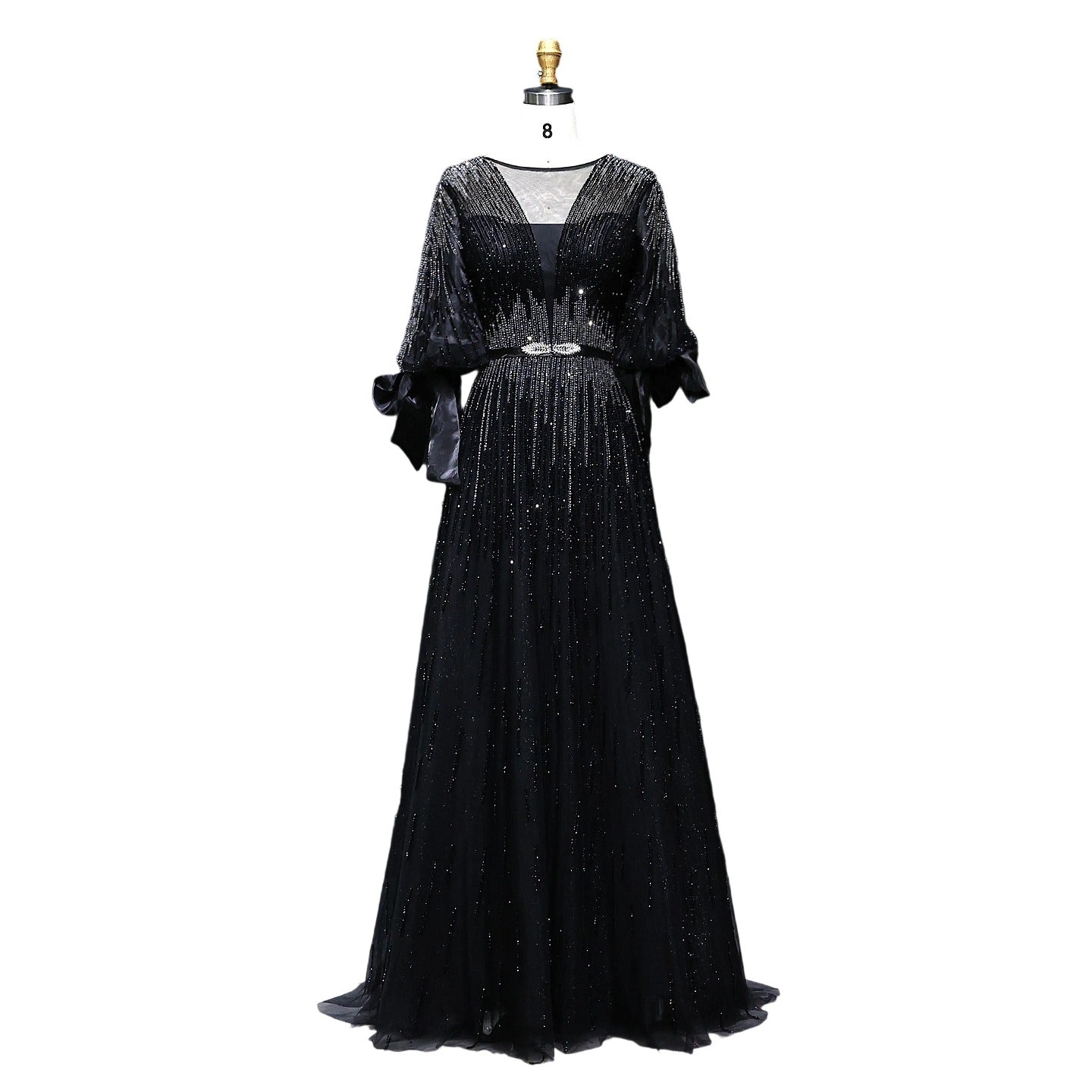 Luxury Crystal Yellow Plus Size Women Evening Dress with Sleeves SS059