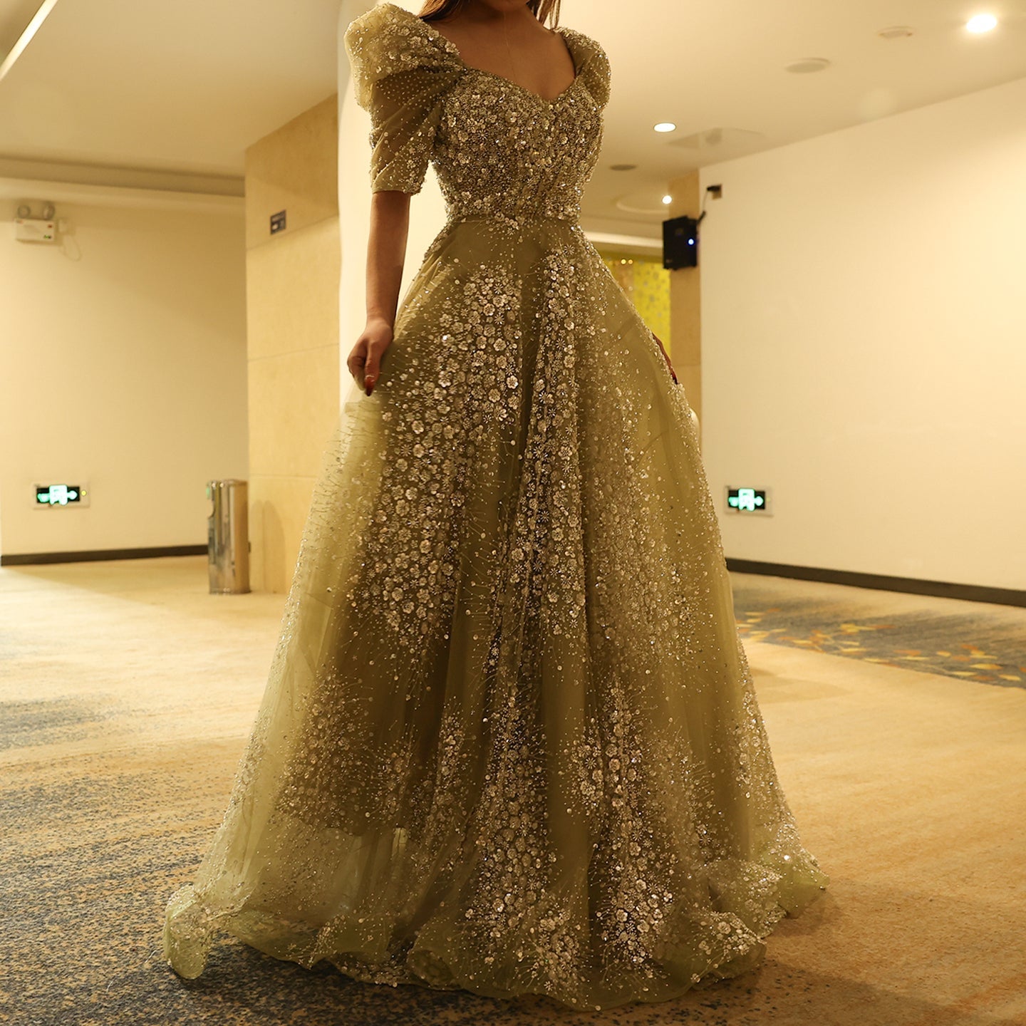 Glitter Lime Green Puffle Sleeve Evening Dress SS155